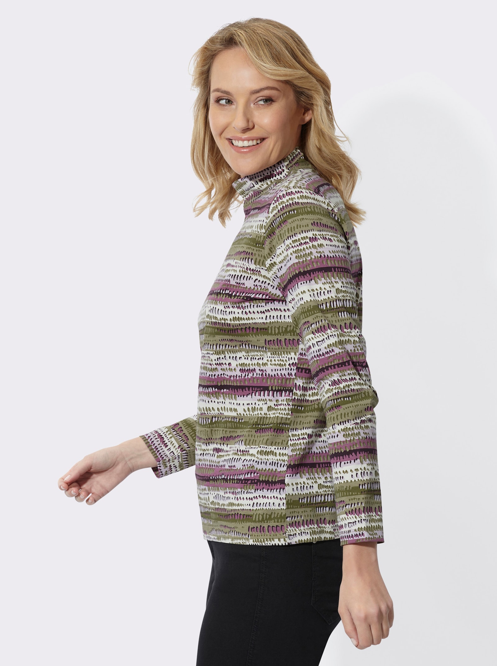 Stehkragenshirt mit farbharmonischen Streifen - oliv-aubergine-bedruckt