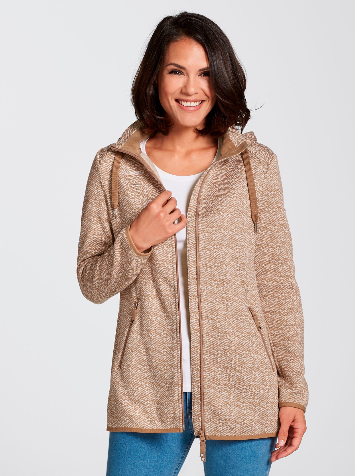 Kapuzenfleecejacke - beige-weiss-gemustert