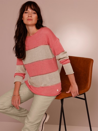 CREATION L PREMIUM Leinen-Pullover - beige-grapefruit-geringelt