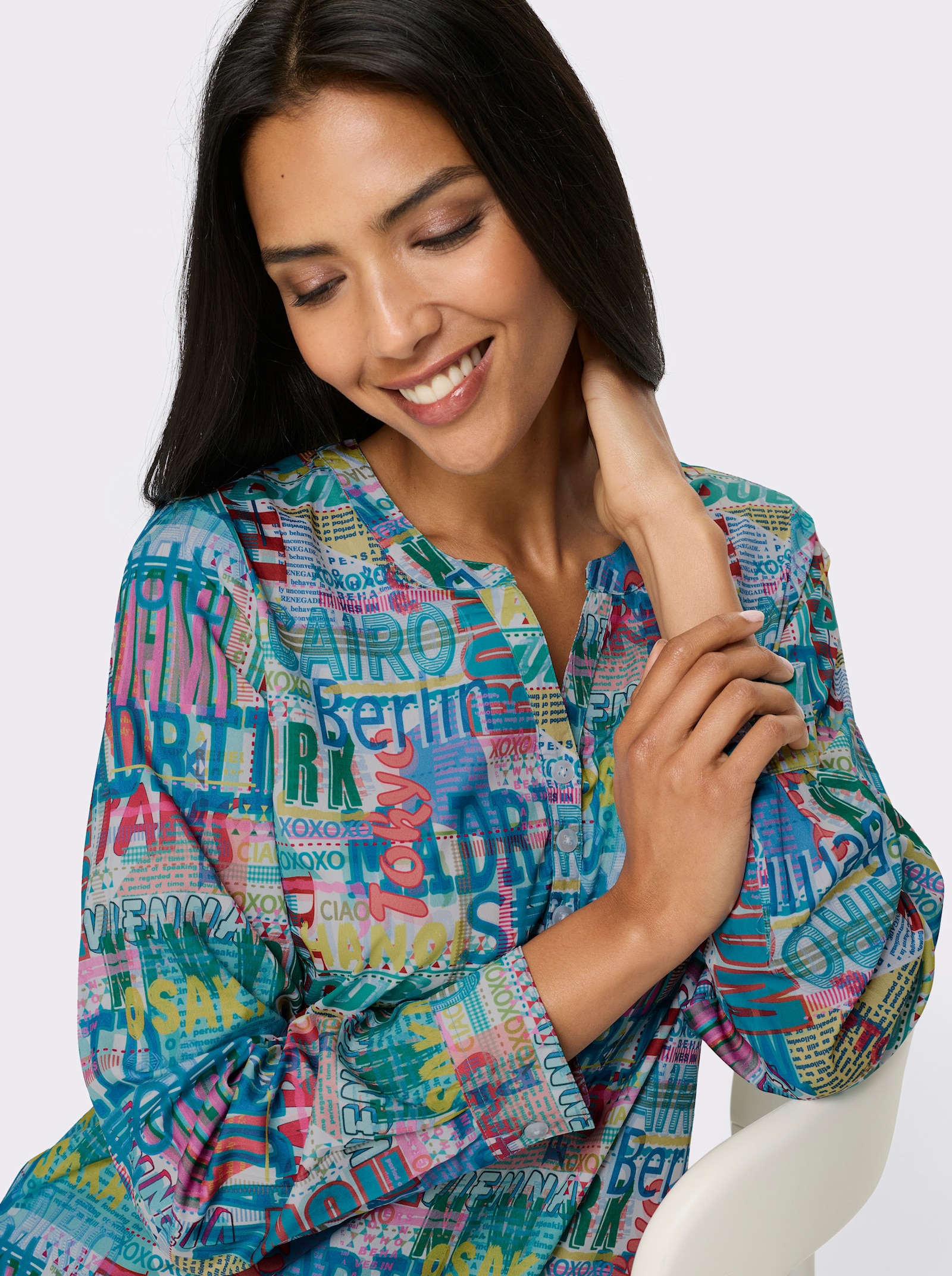 Langarm-Bluse im Digital-Druck - weiß-türkis-bedruckt