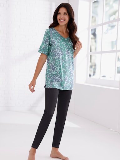 V-Shirt mit Seitenschlitzen - taubenblau-salbei-bedruckt
