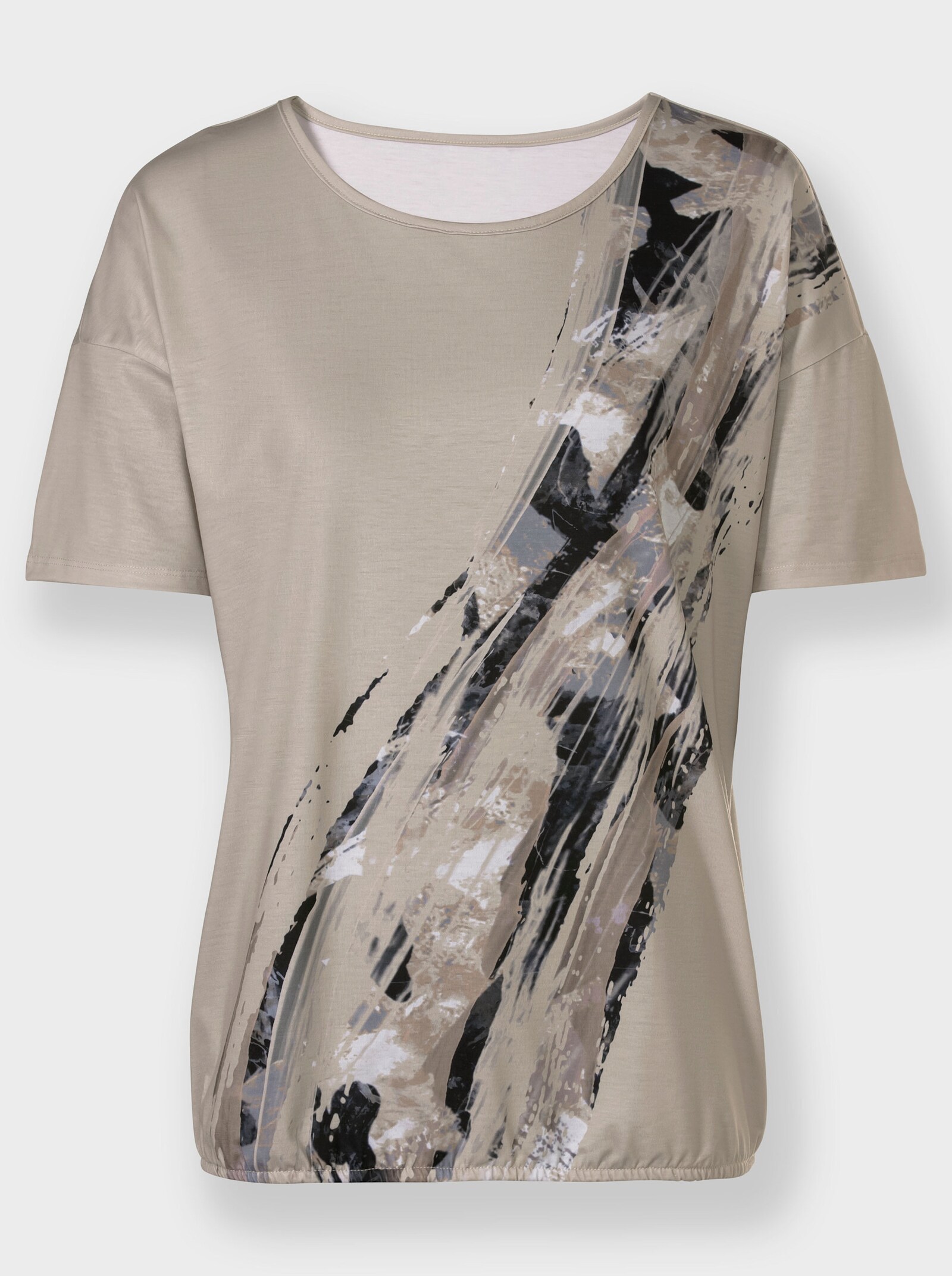 Print-Shirt mit Gummizug am Saum - sand-schwarz-bedruckt