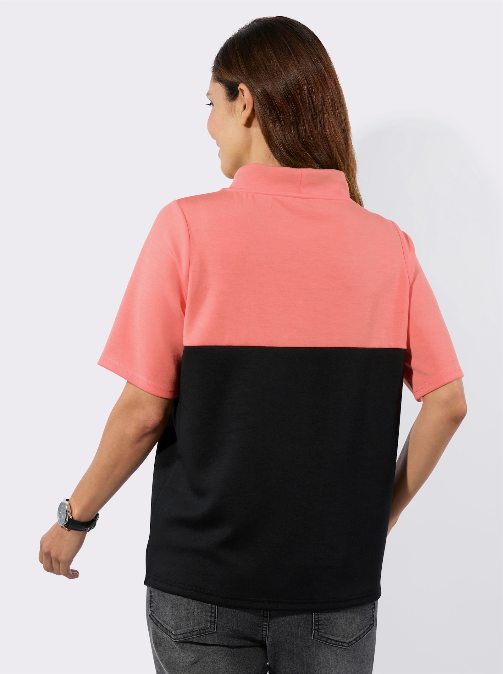 Stehkragenshirt mit Lettering-Druck - koralle-schwarz