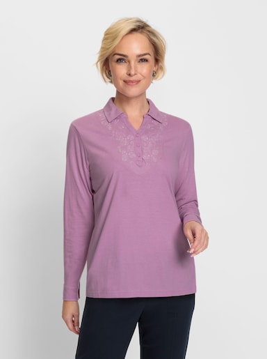 Poloshirt mit Stickerei und Ziersteinchen - orchidee
