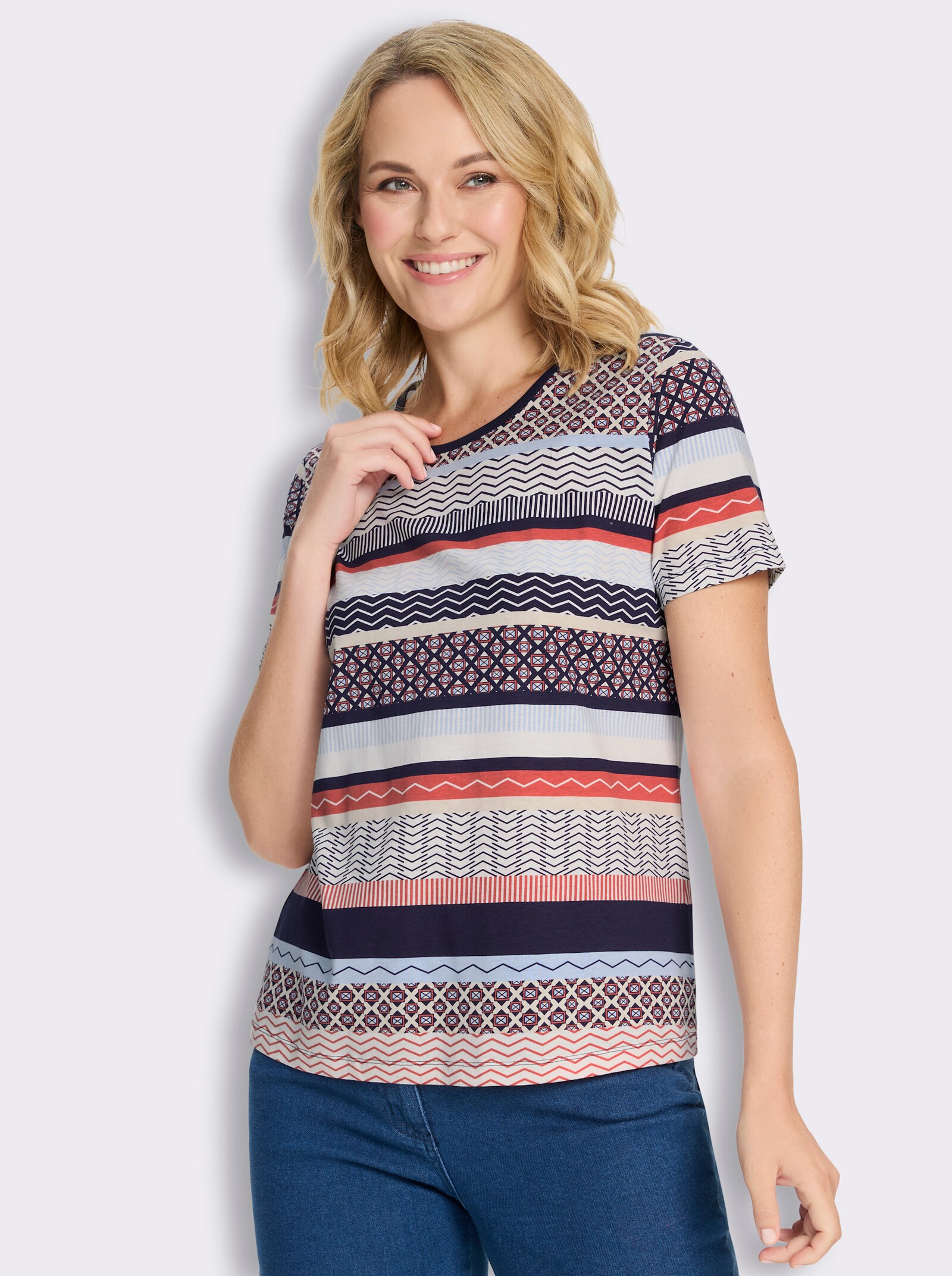 Kurzarmshirt in Ringeloptik - marine-grapefruit-bedruckt