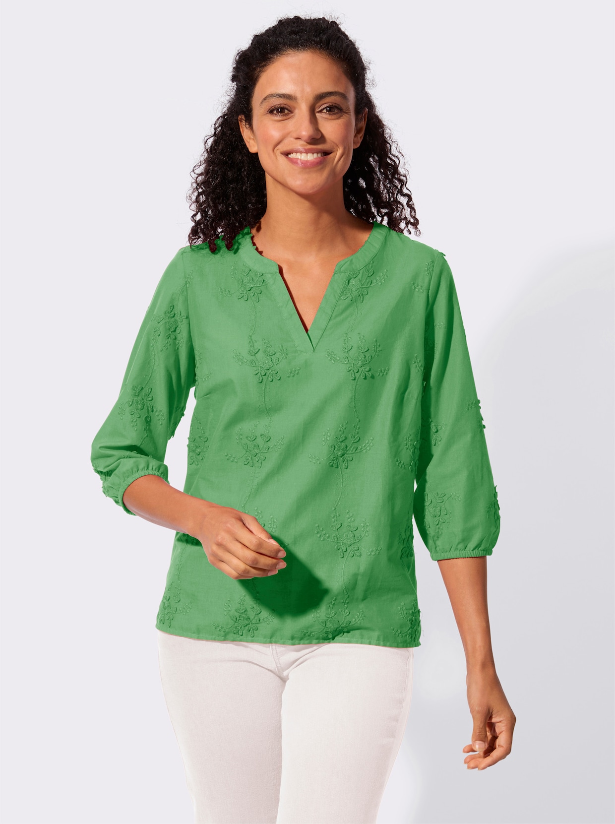 Baumwollbluse mit 3D-Blütenstickerei - apfel