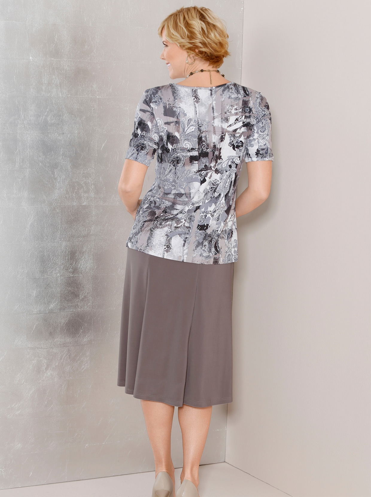 Shirt met ronde hals - taupe gedessineerd