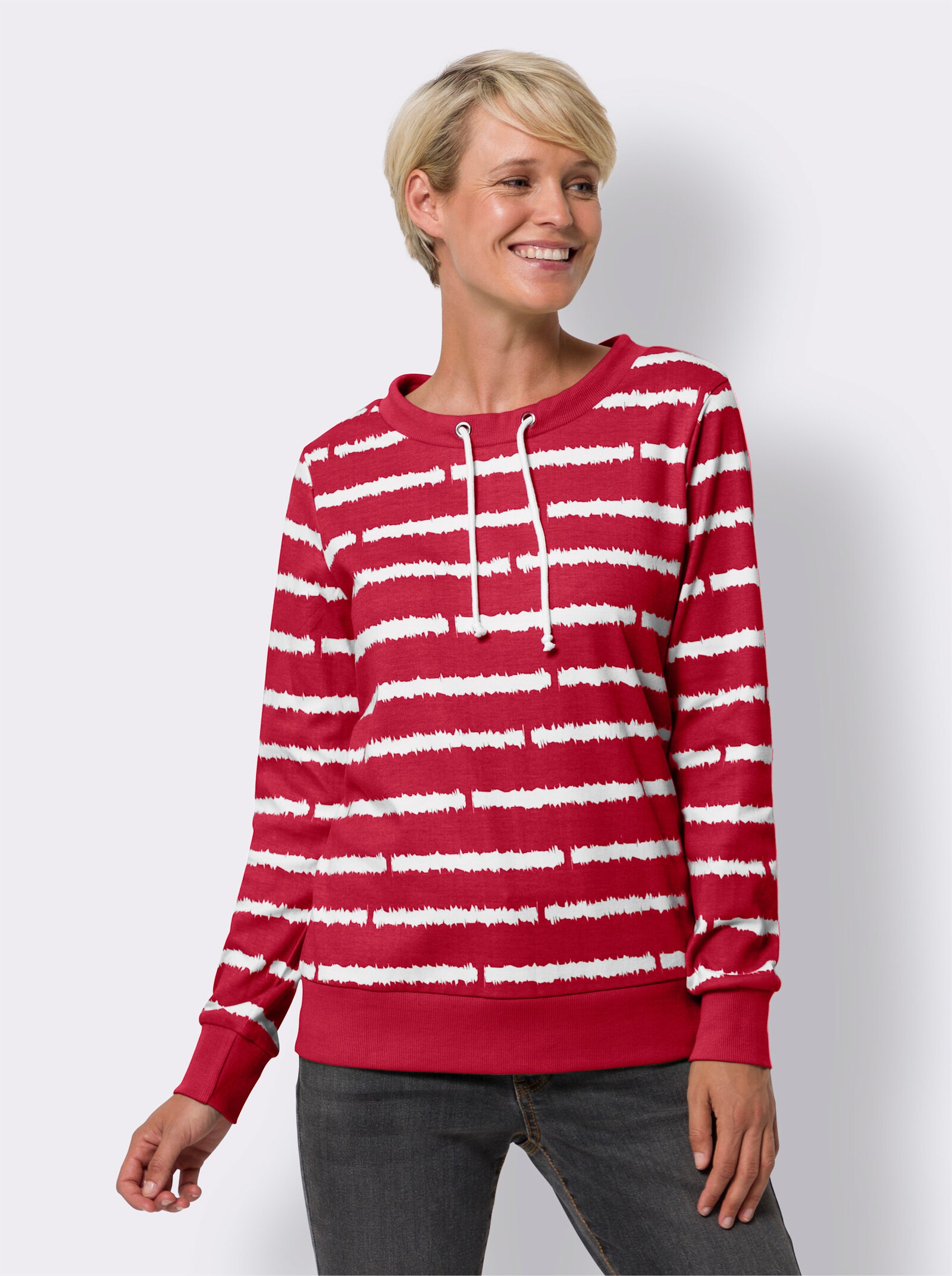 Sweatshirt in Interlock-Qualität - rot-weiß-geringelt