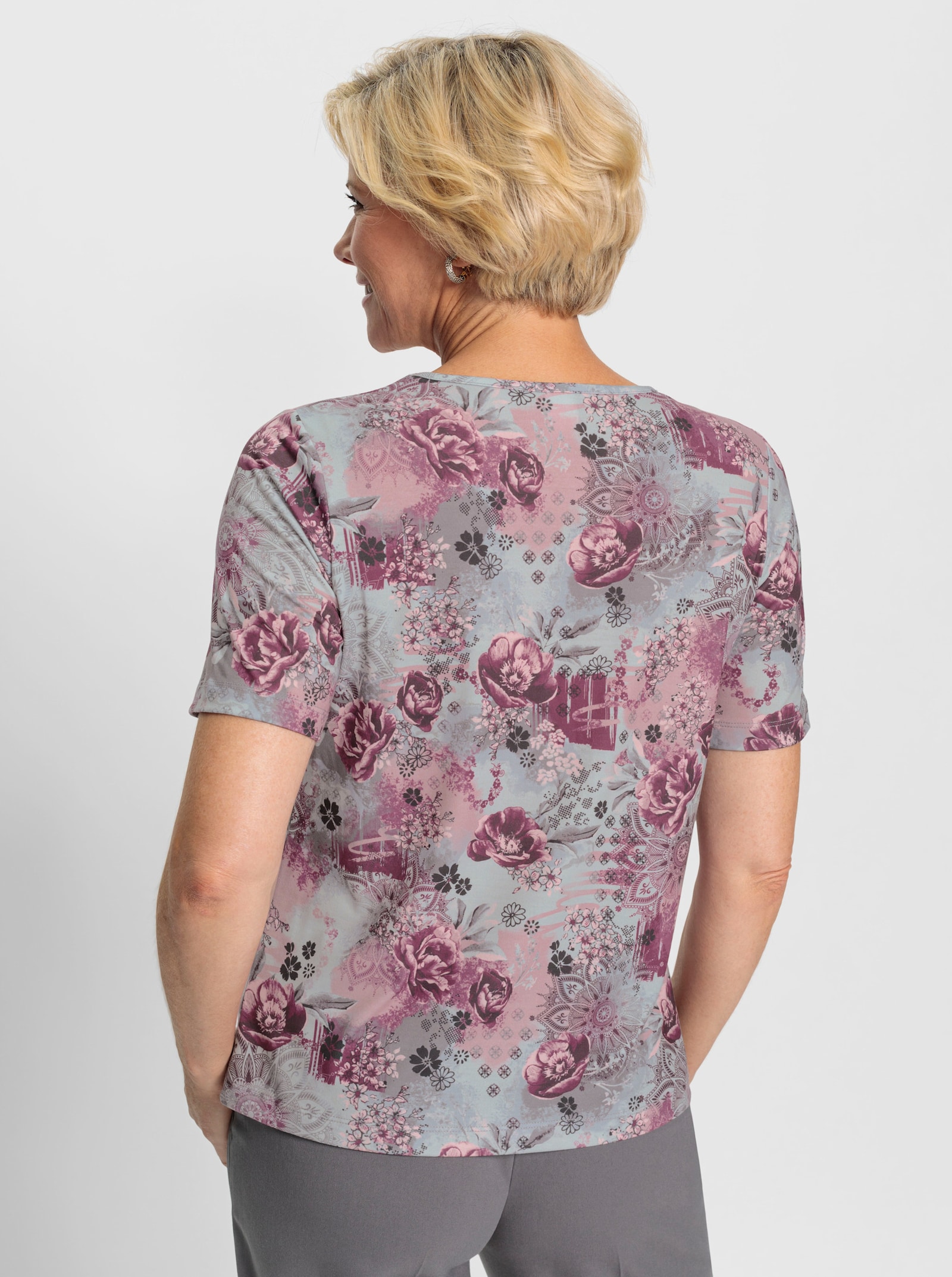 Shirt met ronde hals en bloemenpatroon - steengrijs/mauve bedrukt