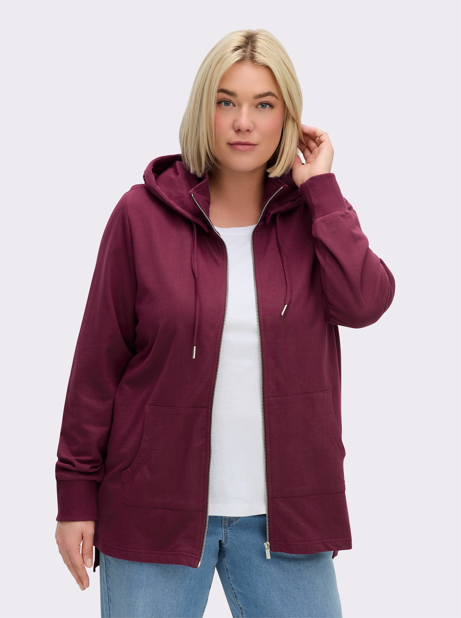 sheego Sweatjacke mit abknöpfbarer Kapuze - bordeaux