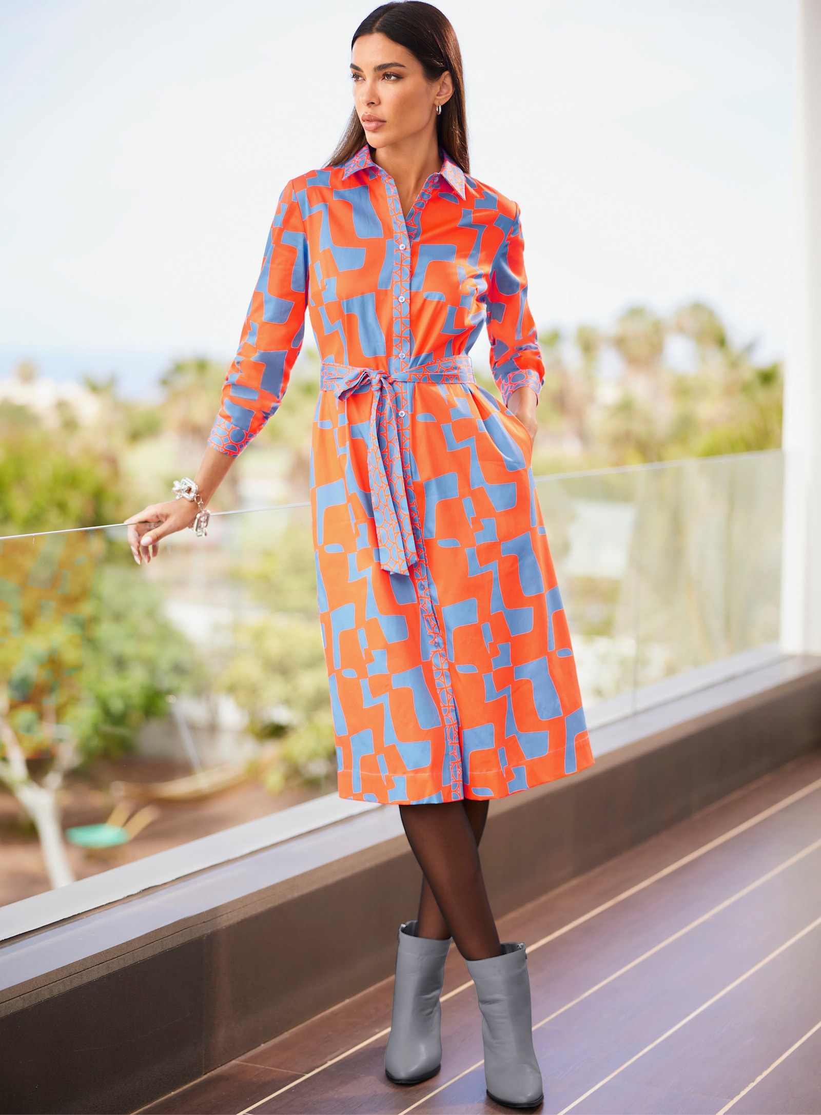 heine Hemdblusenkleid mit Bindegürtel - orange-bleu-bedruckt