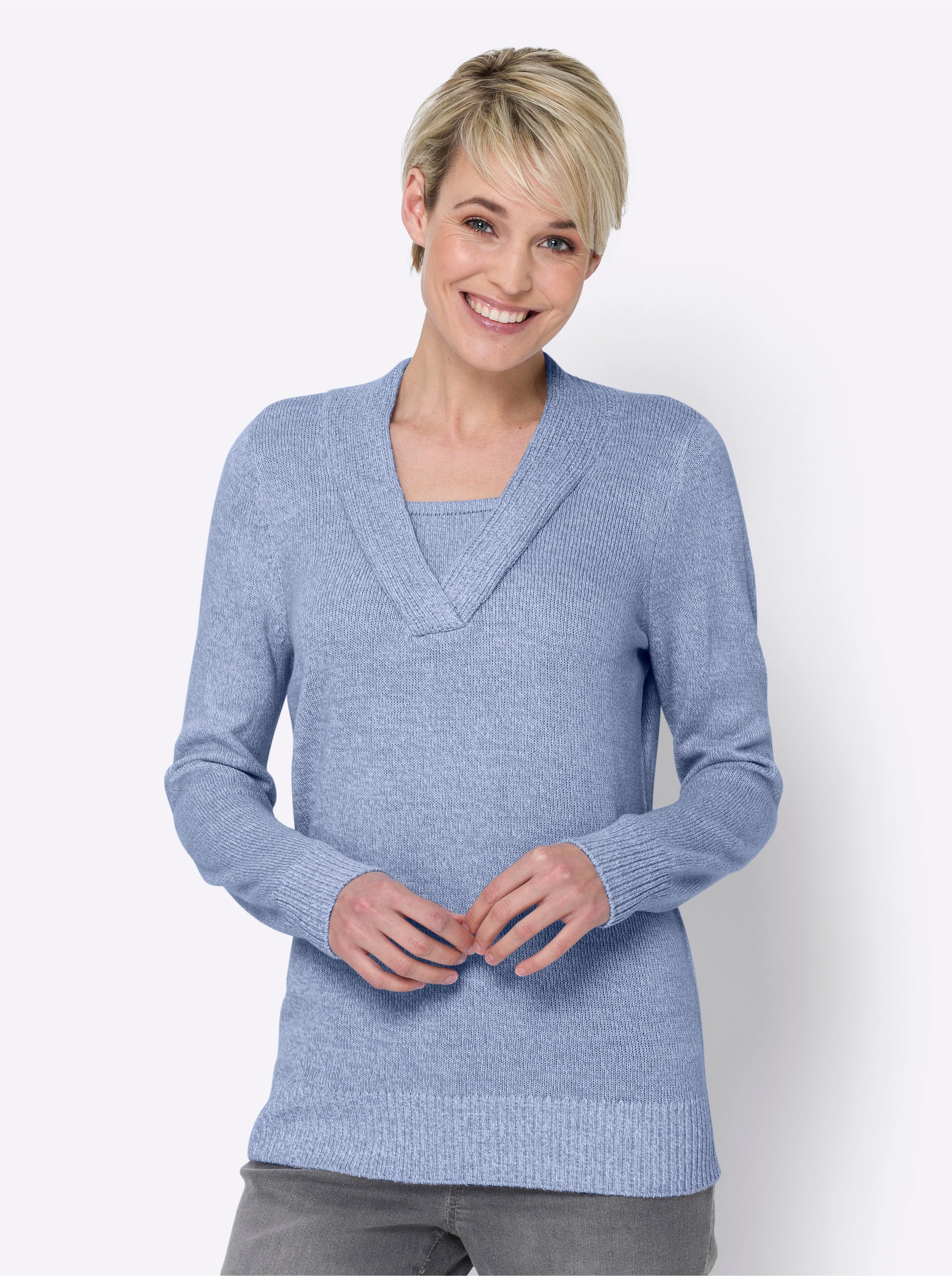 Witt Damen 2-in-1-Pullover in Melange-Optik, bleu-meliert