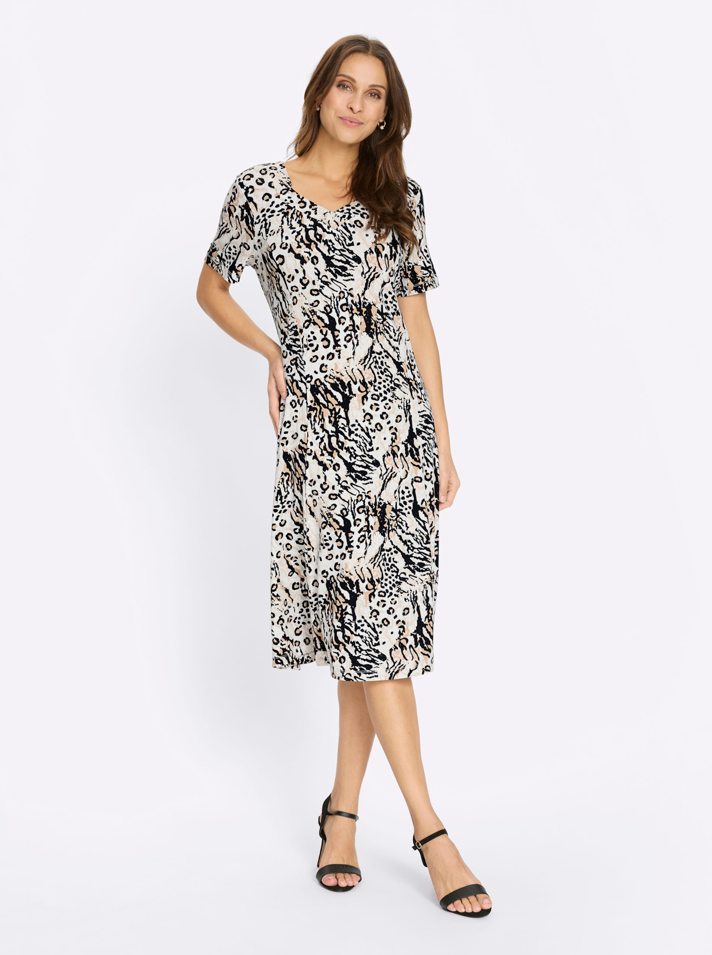 Jersey jurk ecru/zwart geprint, foto 3