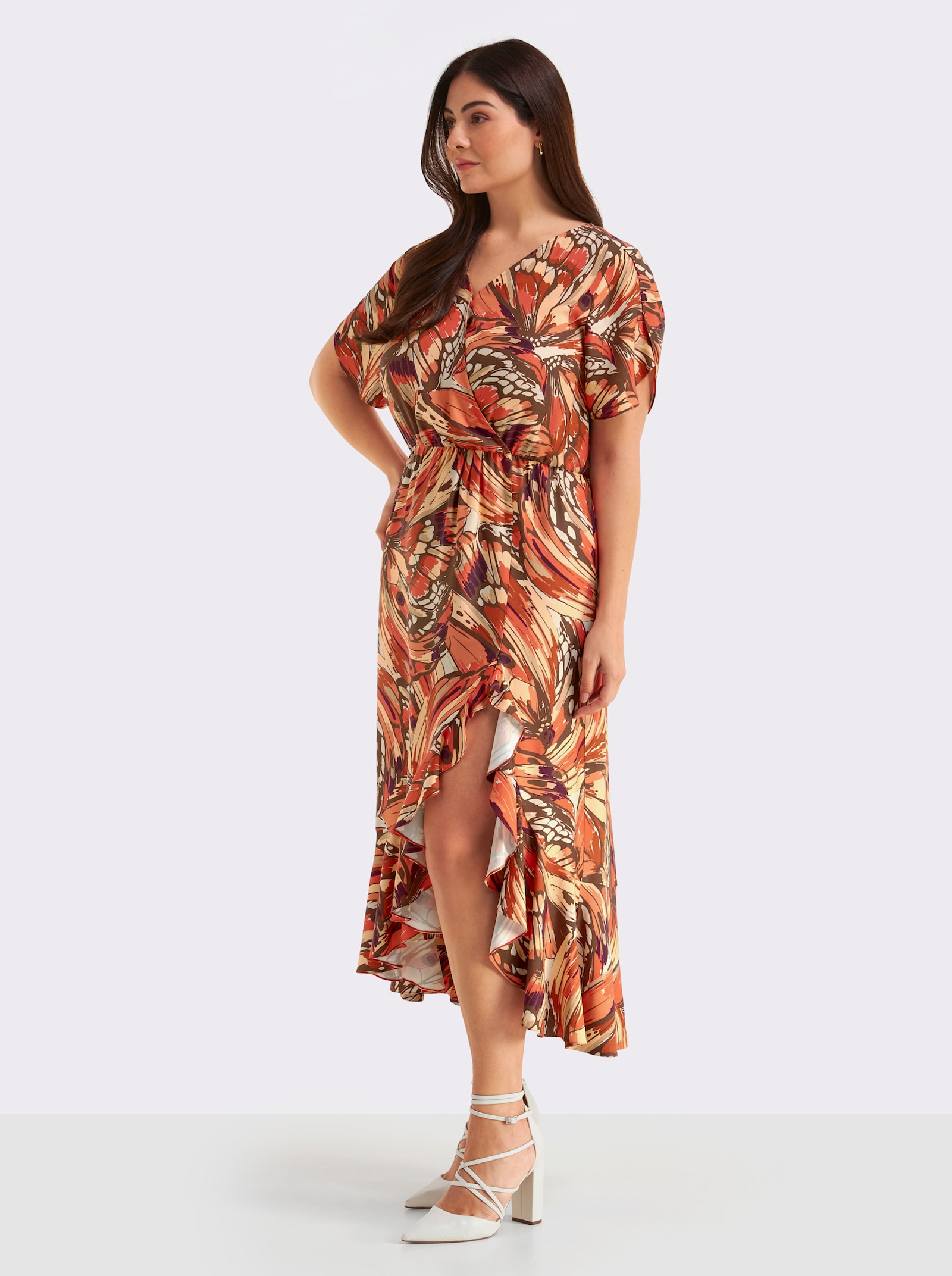 sheego Volantkleid mit Schmetterlingsprint - schoko-sand-bedruckt