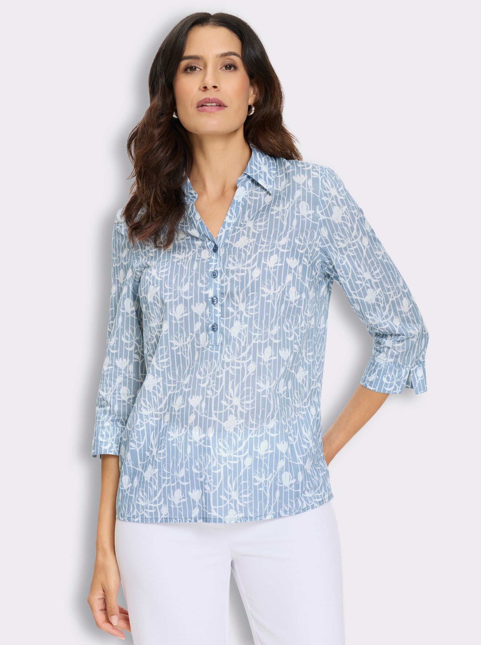 Druckbluse in Schlupfform - bleu-ecru-gemustert