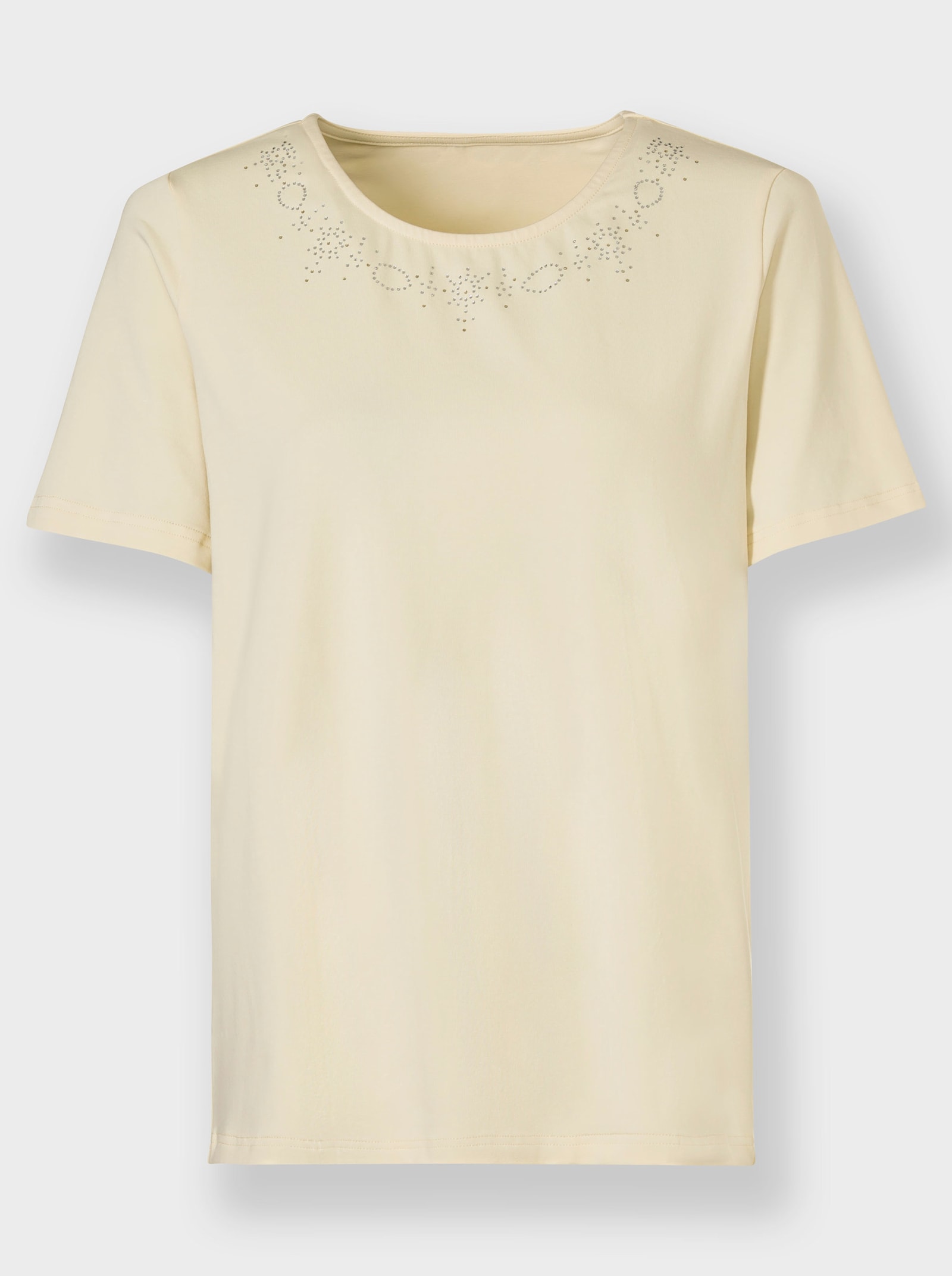 Rundhalsshirt mit Steinchenverzierung am Ausschnitt - vanille