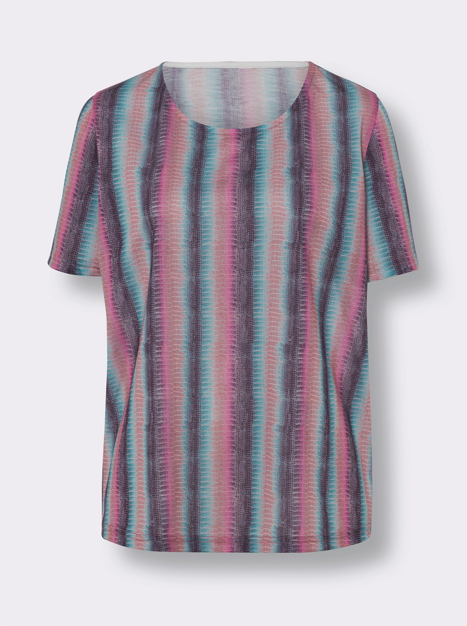 Tričko s krátkým rukávem s podélnými proužky - tyrkysová-růženínová-potisk