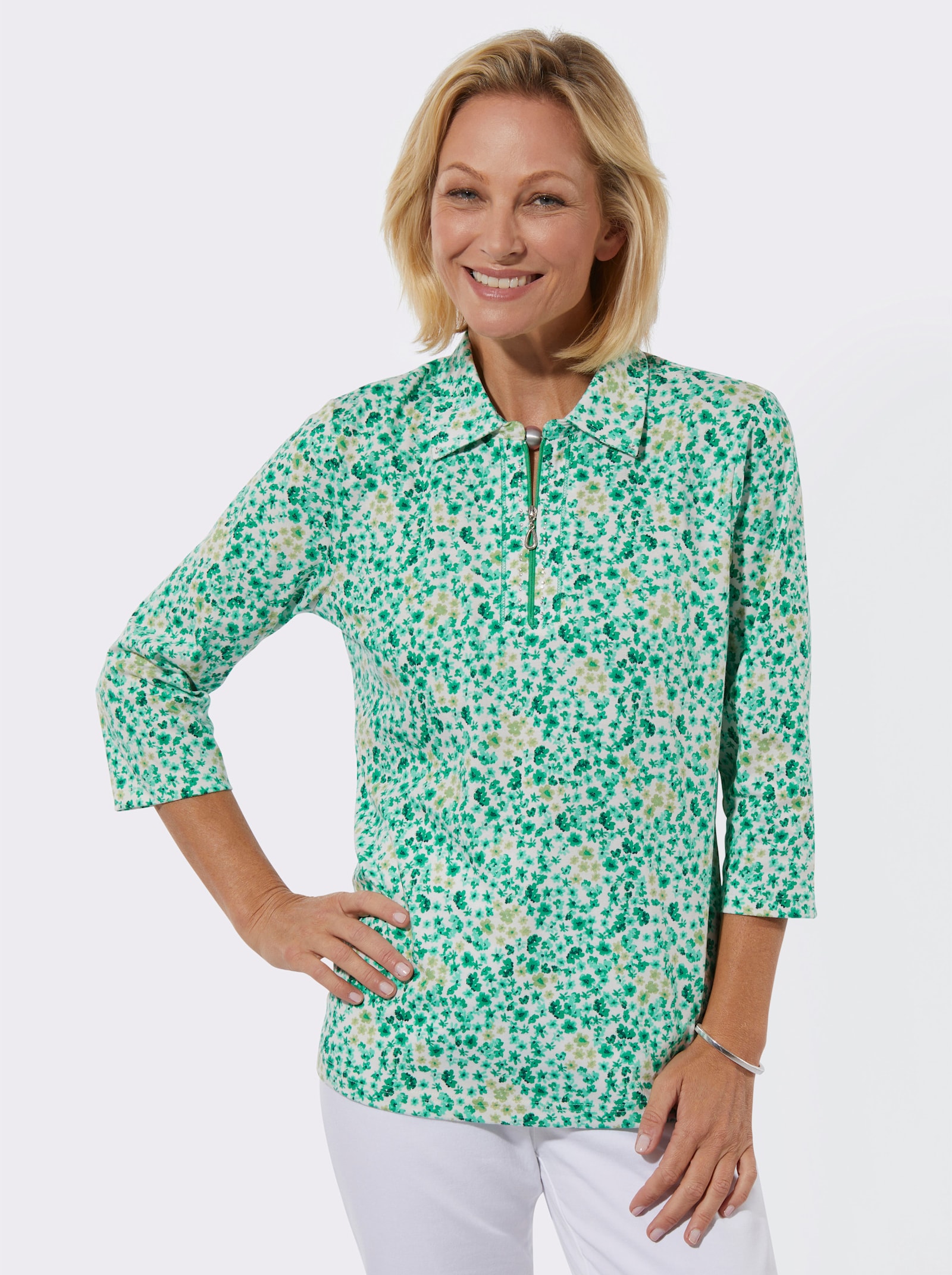 Poloshirt mit Glitzersteinchen - smaragd-ecru-bedruckt