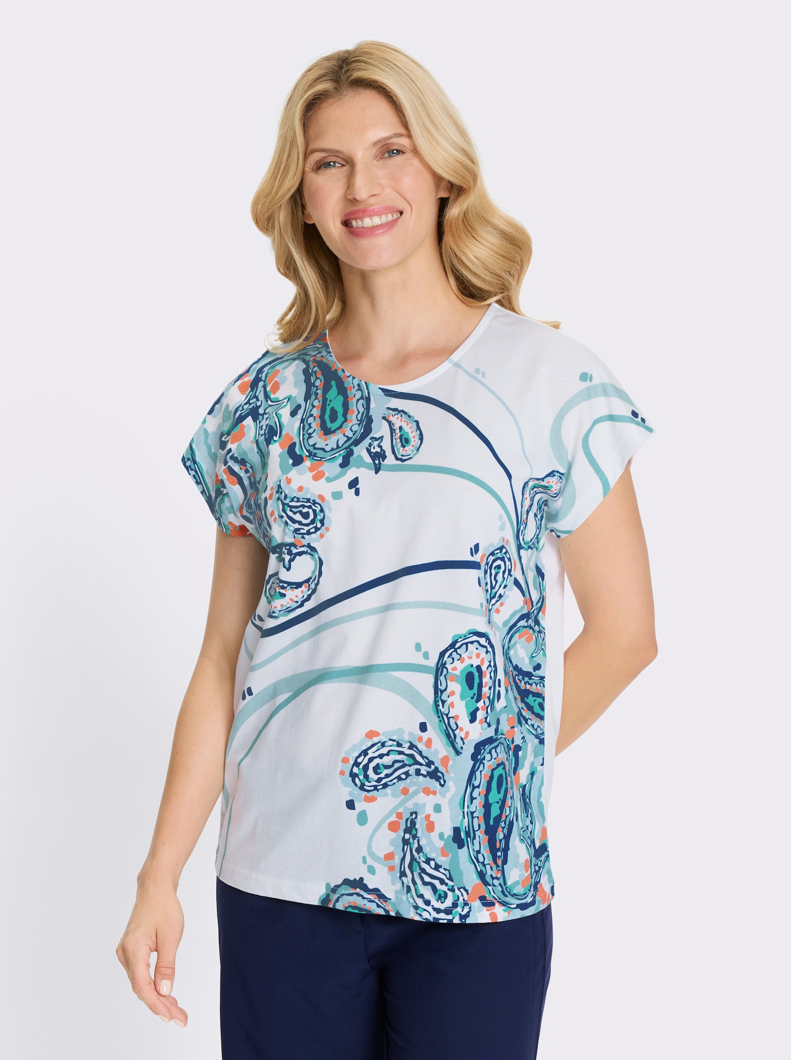 Tričko s krátkým rukávem a kašmírovým vzorem - ecru-limetkovo-mátová-potisk