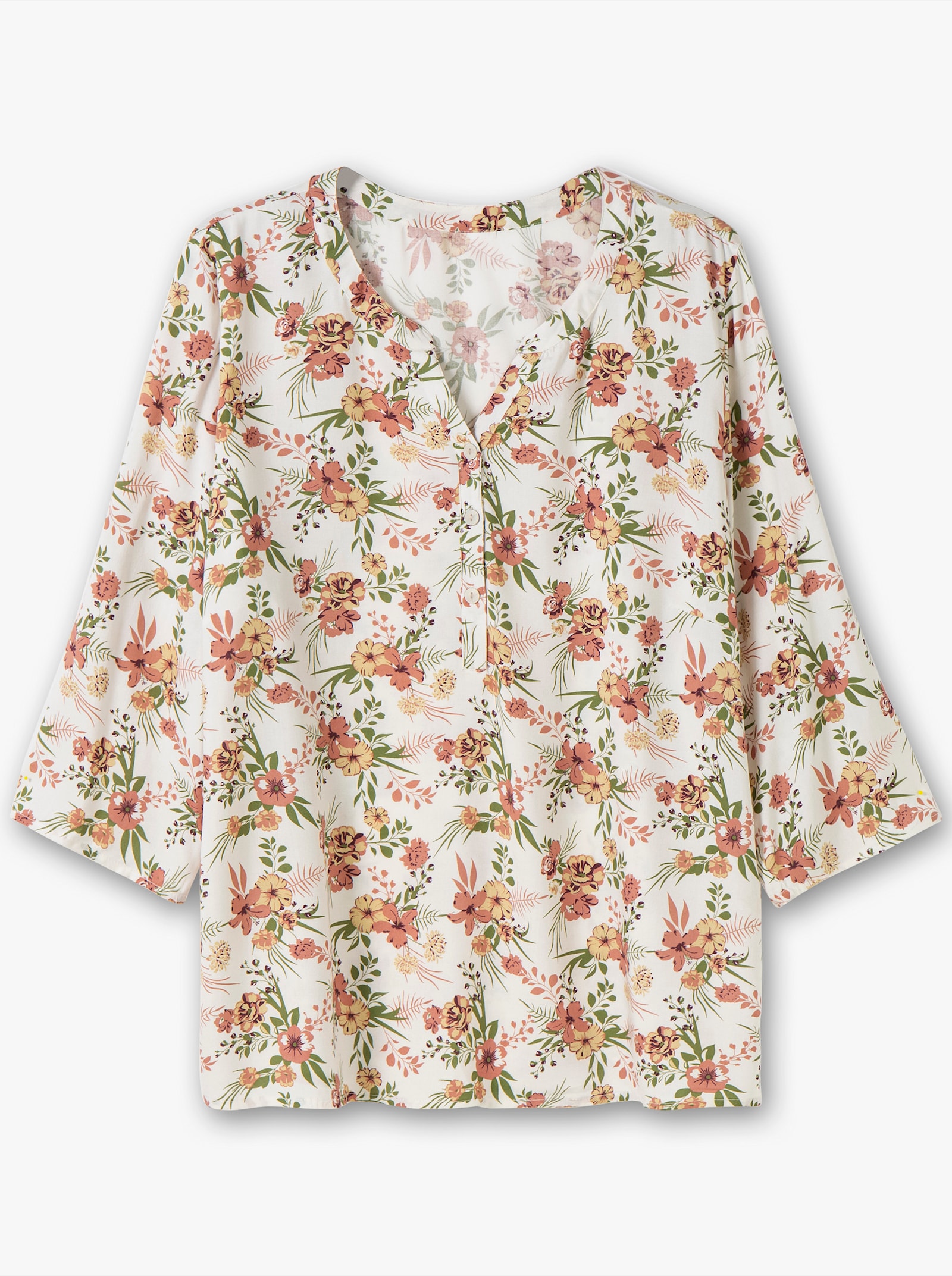 Druckbluse mit kurzer Knopfleiste - ecru-khaki-bedruckt