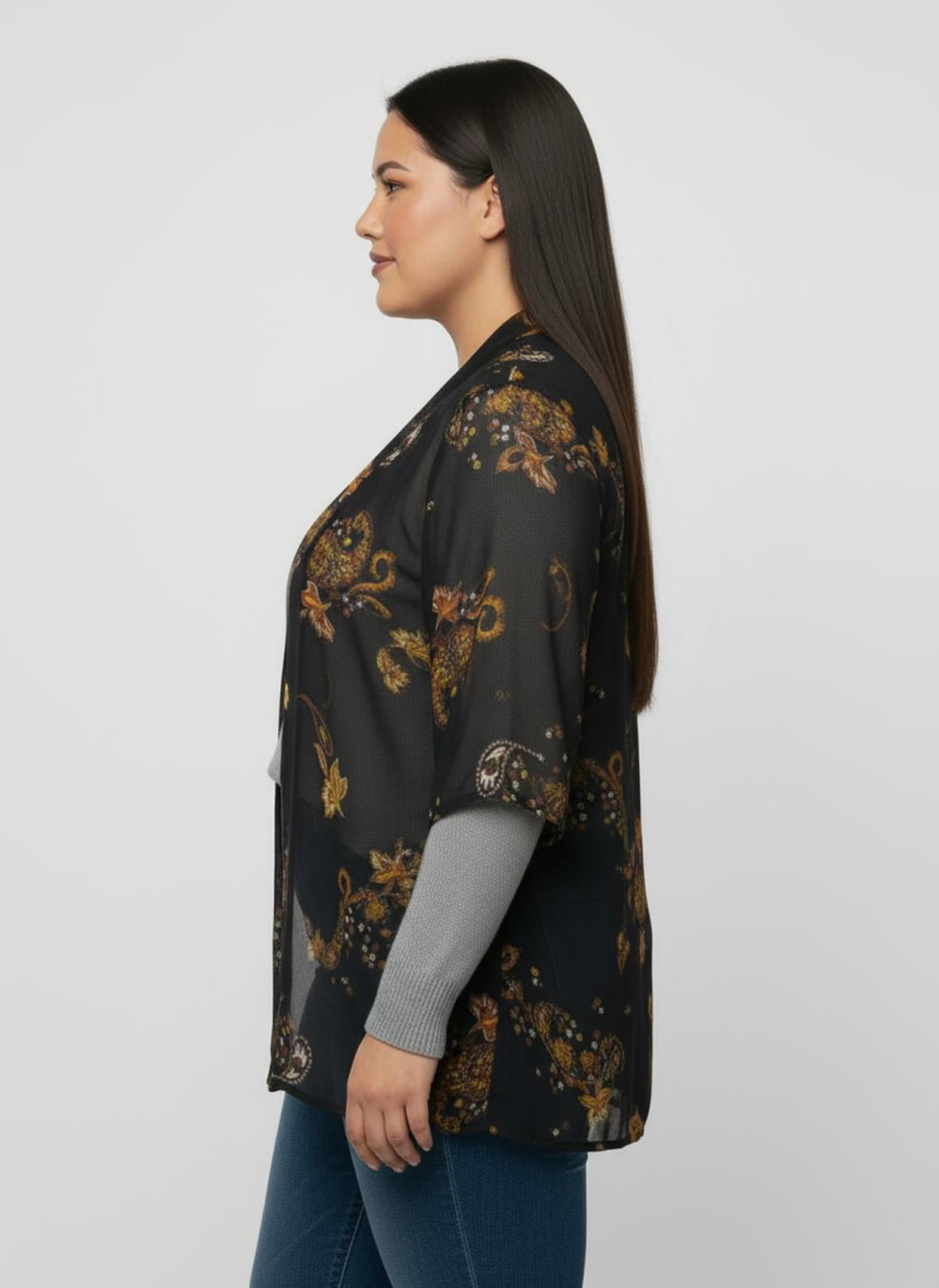 Longbluse in offener Form - schwarz-ocker-bedruckt