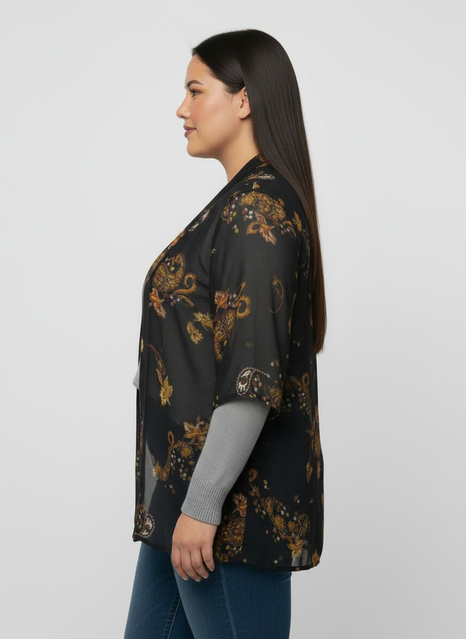 Longbluse in offener Form - schwarz-ocker-bedruckt