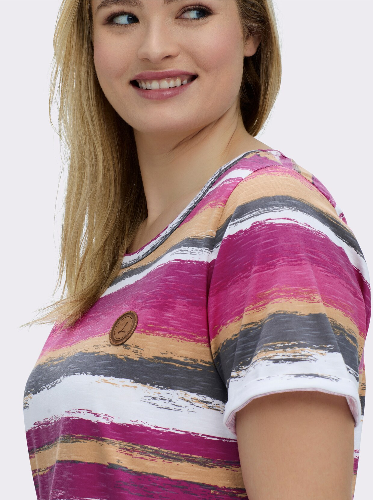 Streifenshirt mit Lederimitat-Details - magenta-camel-bedruckt