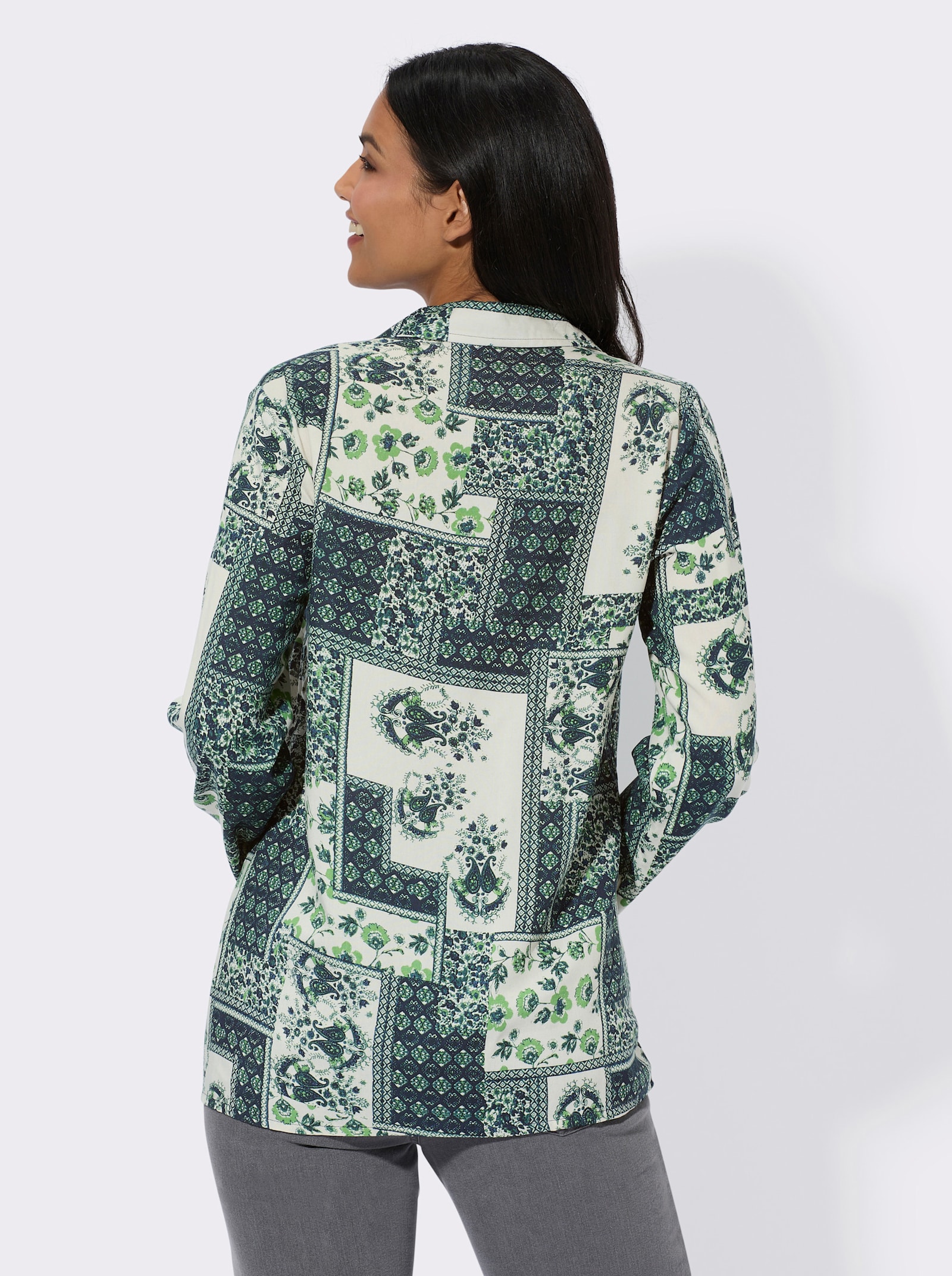 Longbluse im Paisley-Druck in Patch-Optik - champagner-marine-bedruckt