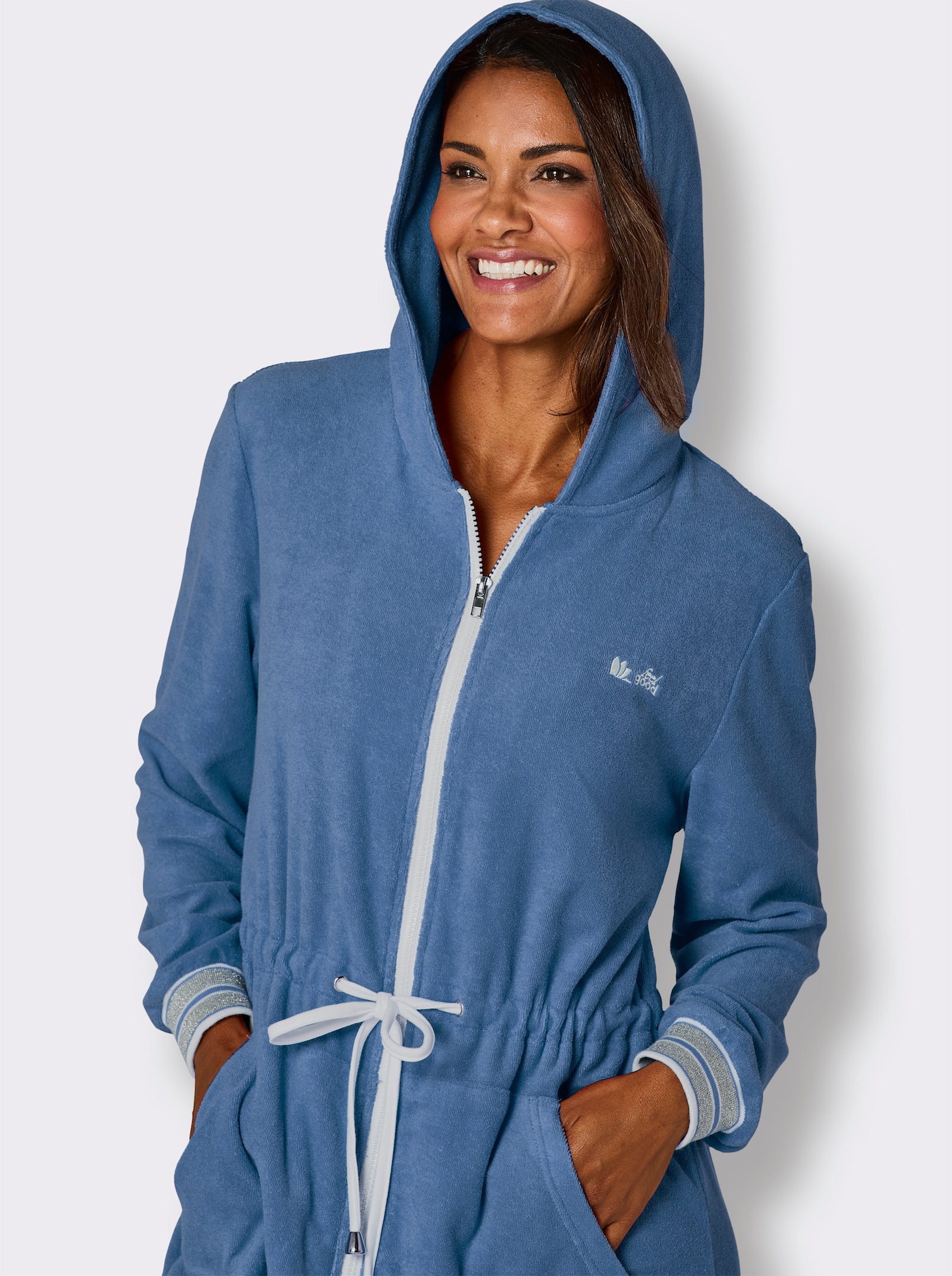 feel good Bademantel - mittelblau-ecru