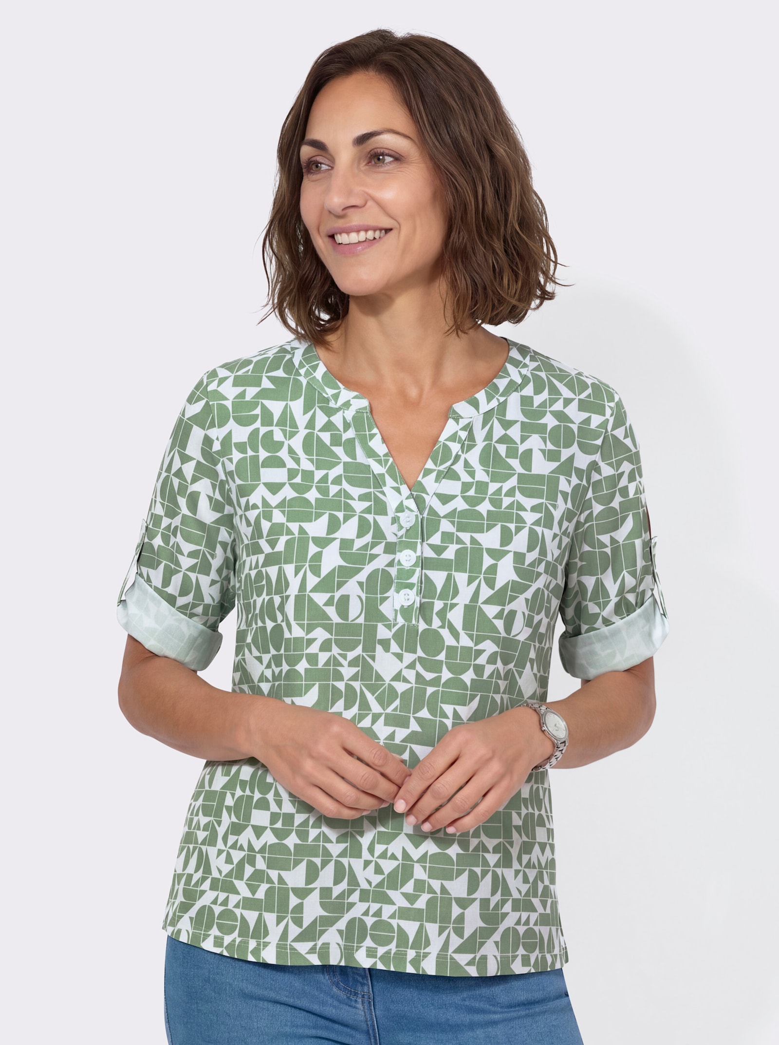 Blusenshirt mit kurzer Knopfleiste - eucalyptus-ecru-bedruckt