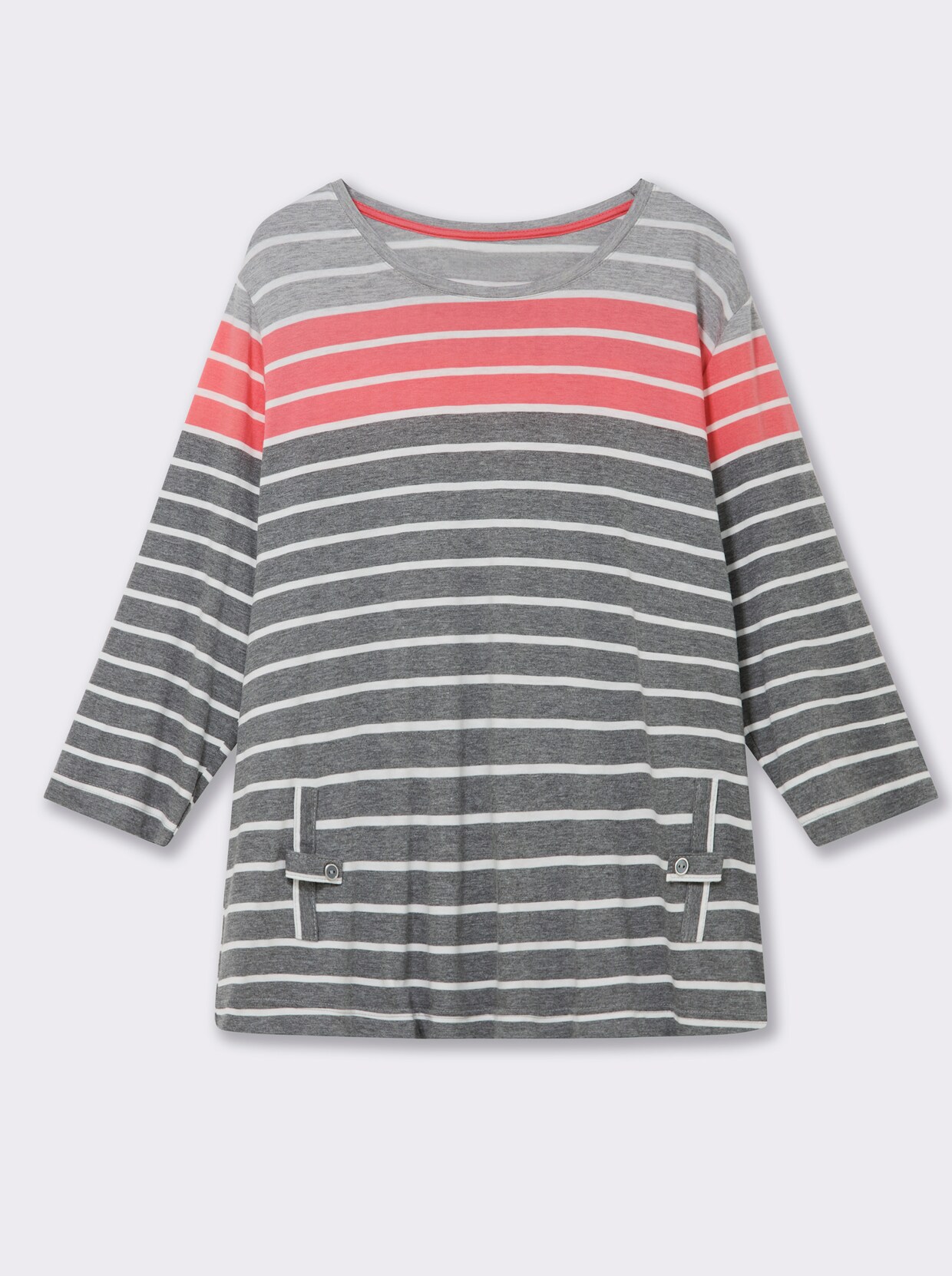 3/4-Arm-Shirt mit 2 imitierten Taschen - anthrazit-koralle-gestreift