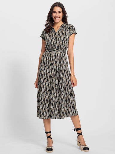 Sommerkleid mit Bindegürtel - schwarz-sand-bedruckt