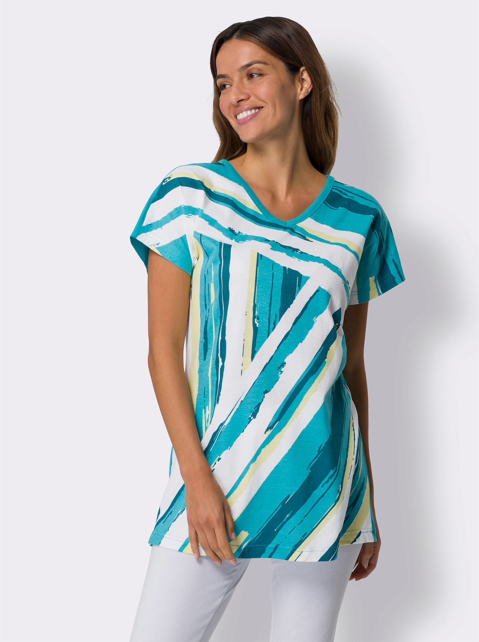 Longshirt mit Druckmuster im Vorderteil - türkis-weiß