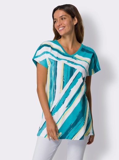 Longshirt mit Druckmuster im Vorderteil - türkis-weiß
