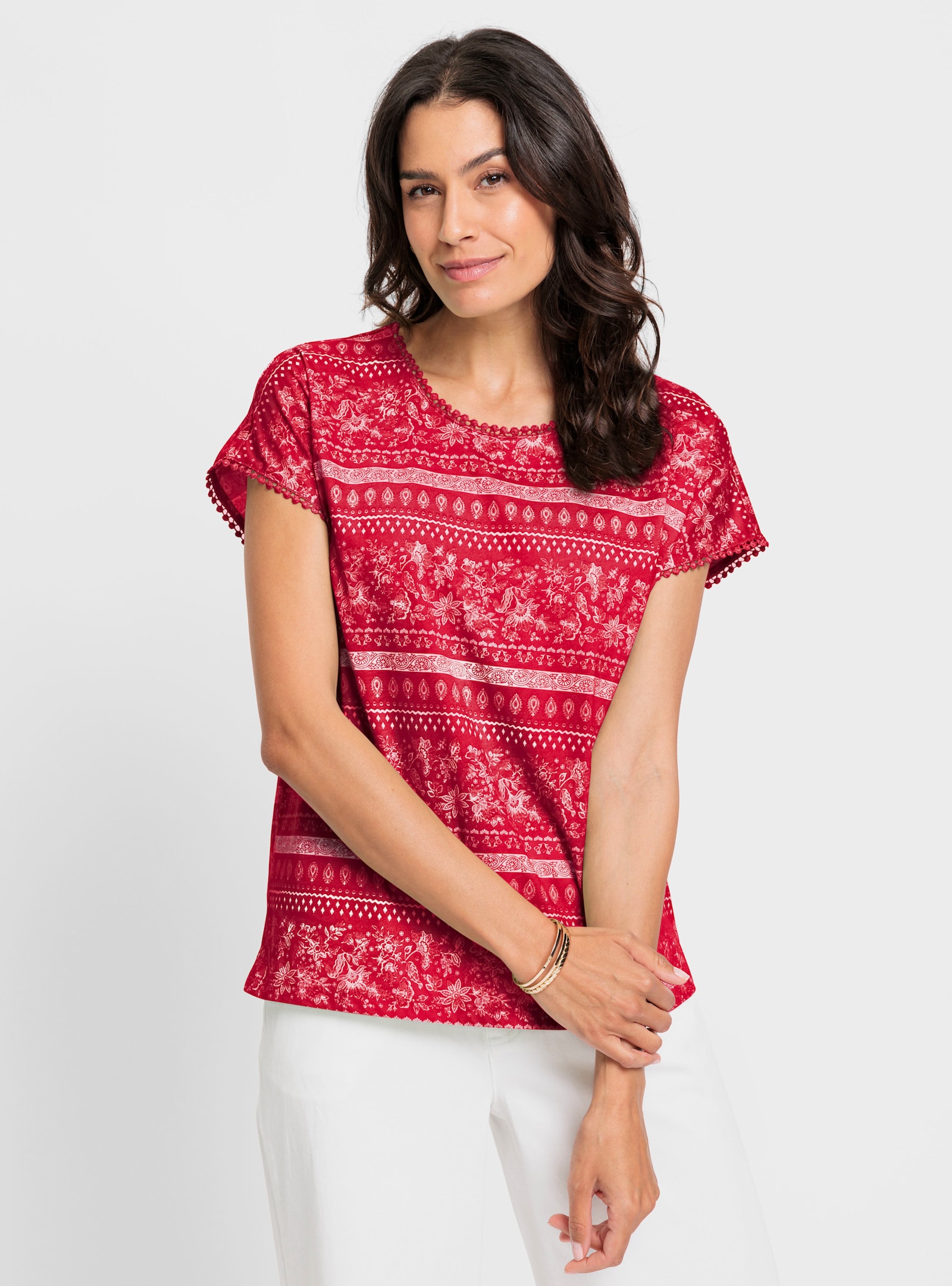 Print-Shirt mit Spitzenborte - erdbeere-ecru-bedruckt