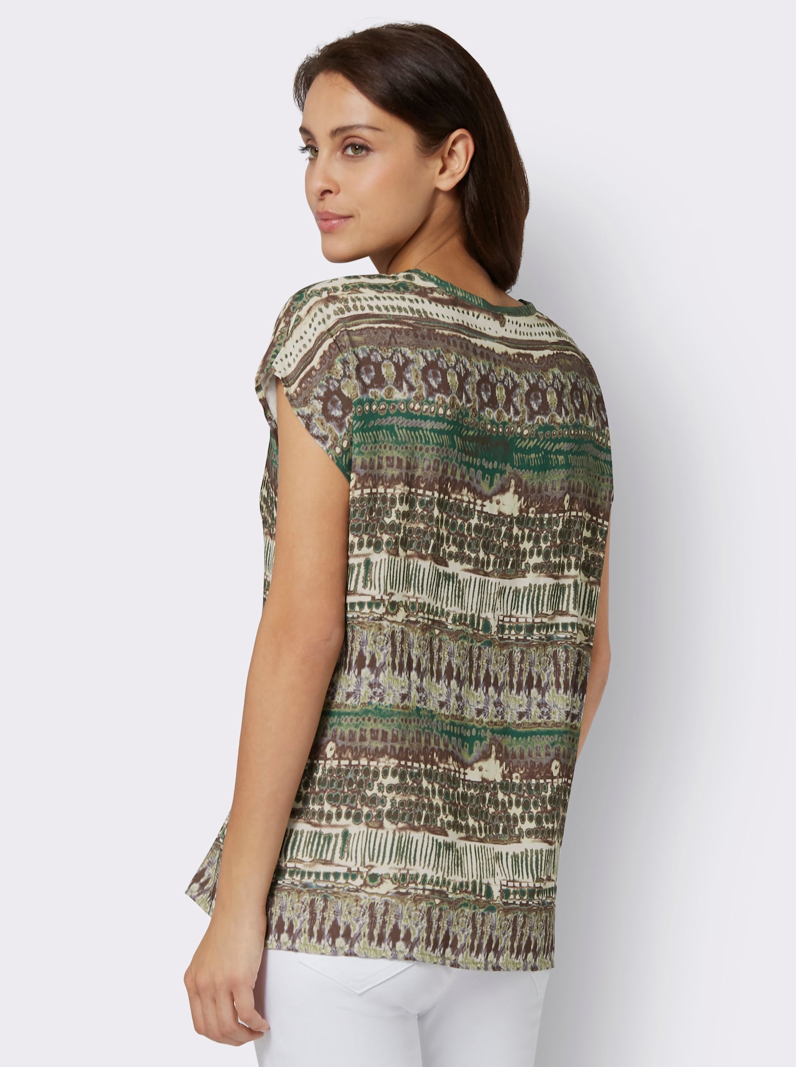 Blouse met korte mouwen en flatteuze plooi voor - rietgroen/choco bedrukt