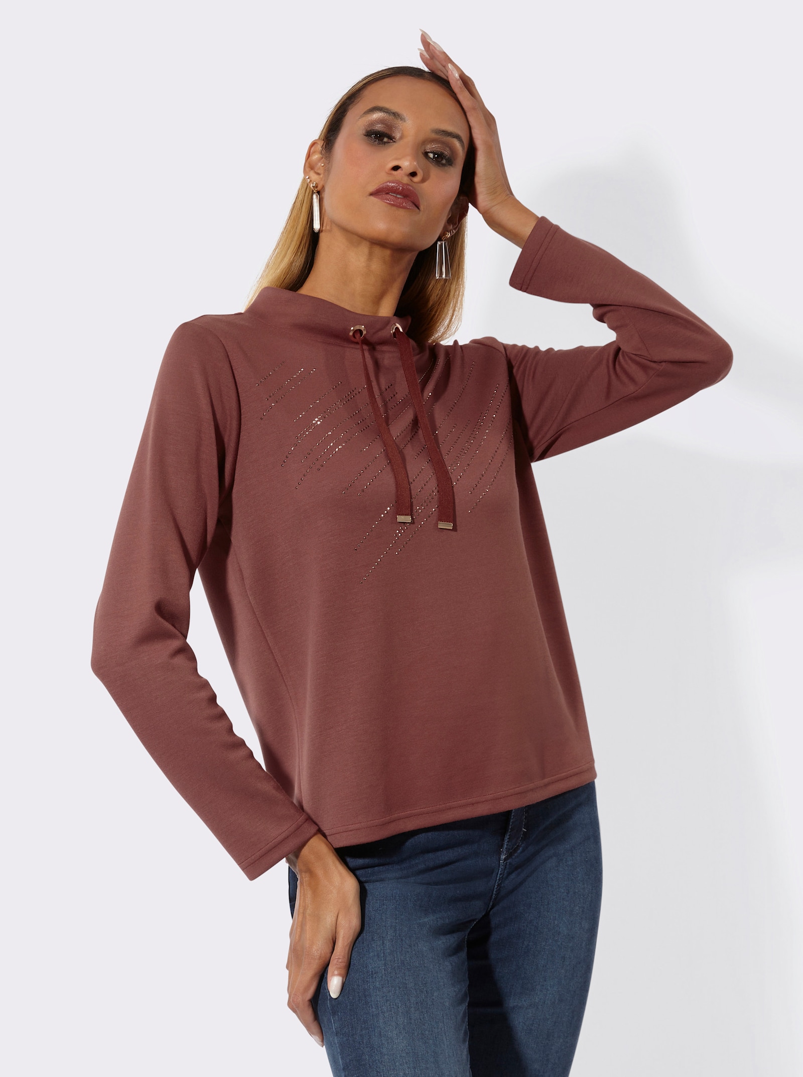 Sweatshirt mit Glitzersteinchen-Verzierung - rotbraun