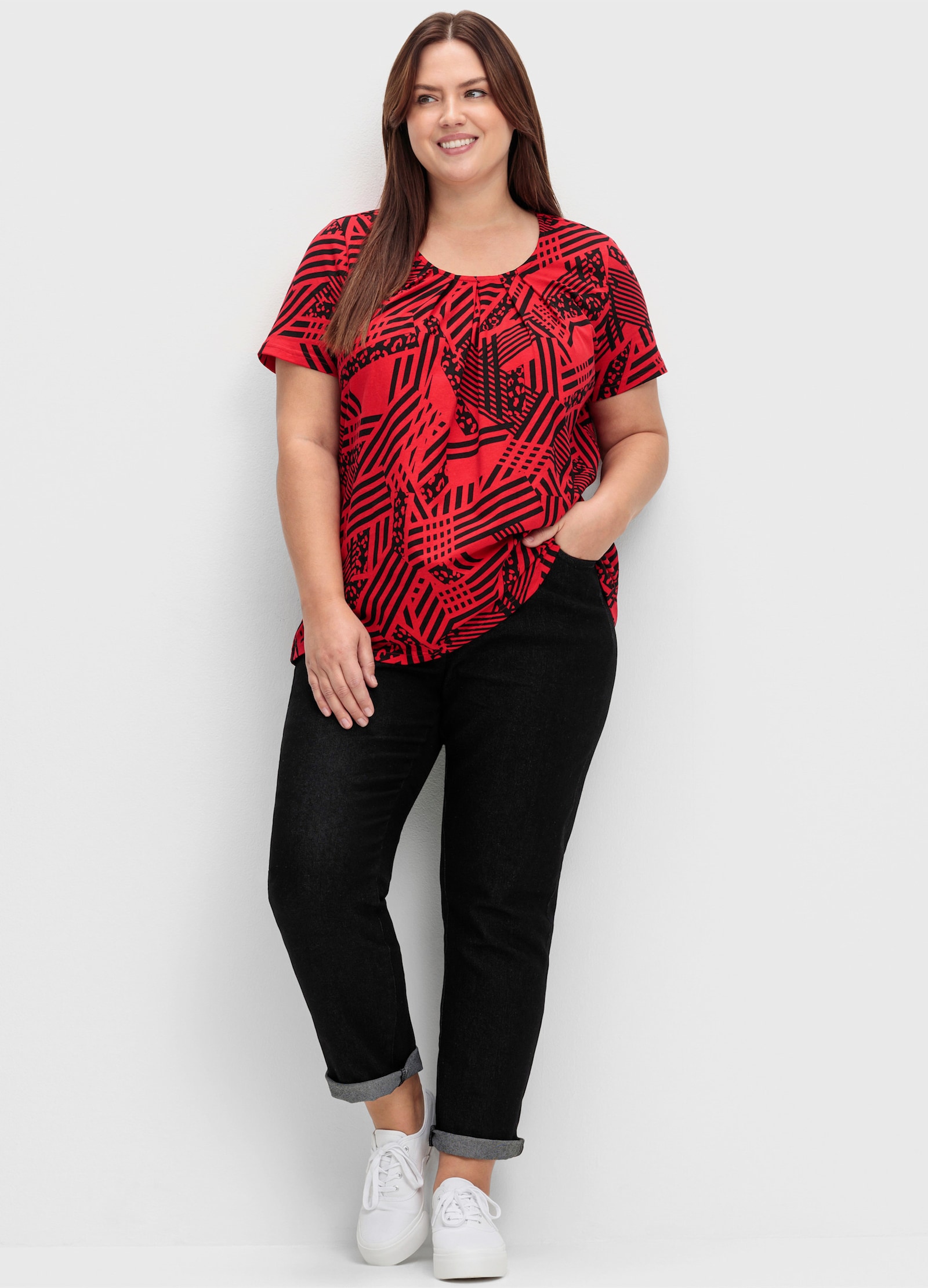 Longshirt in A-Form mit Falten - rot-gemustert