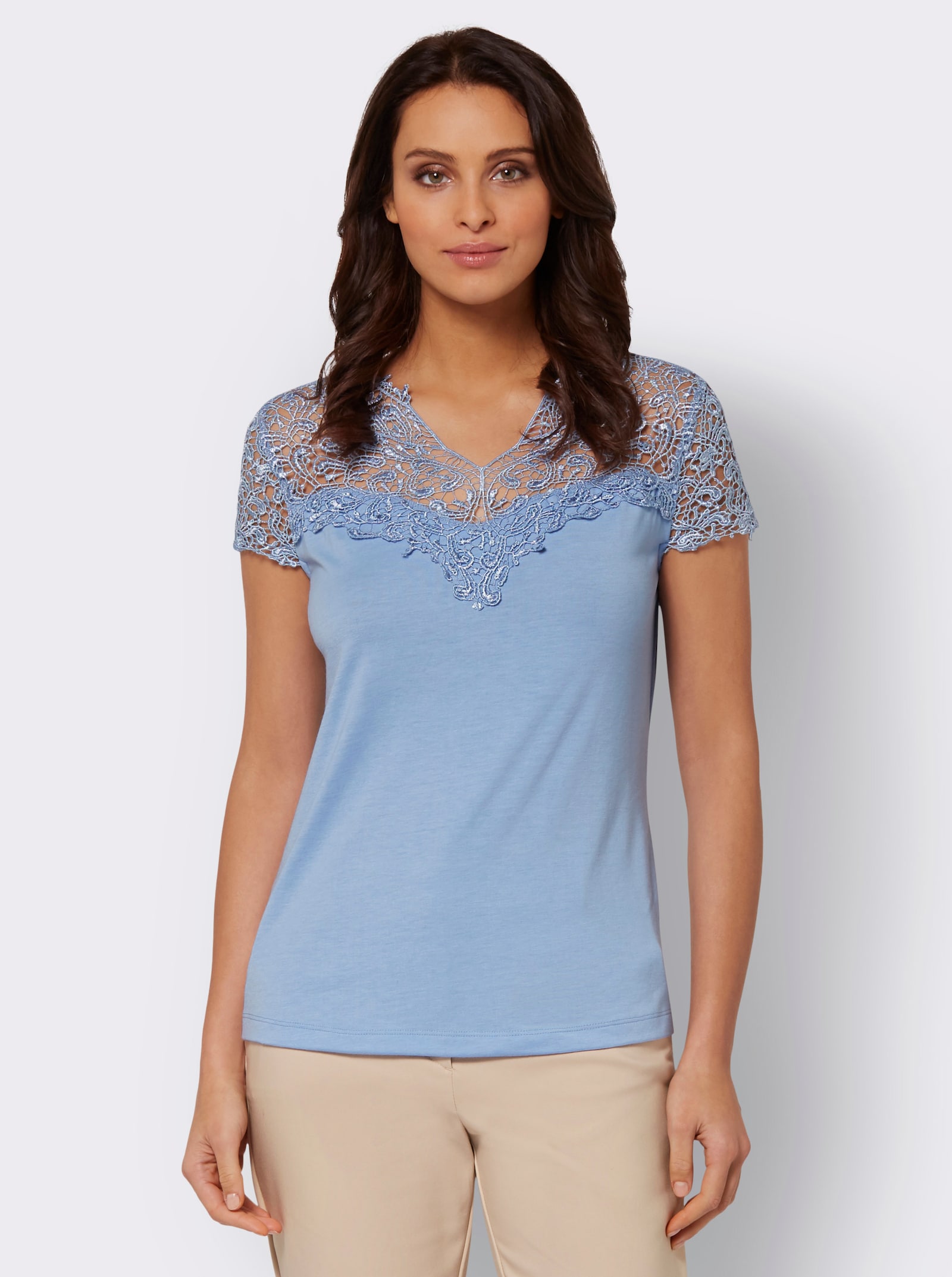 Spitzenshirt mit transparenter Spitze - eisblau
