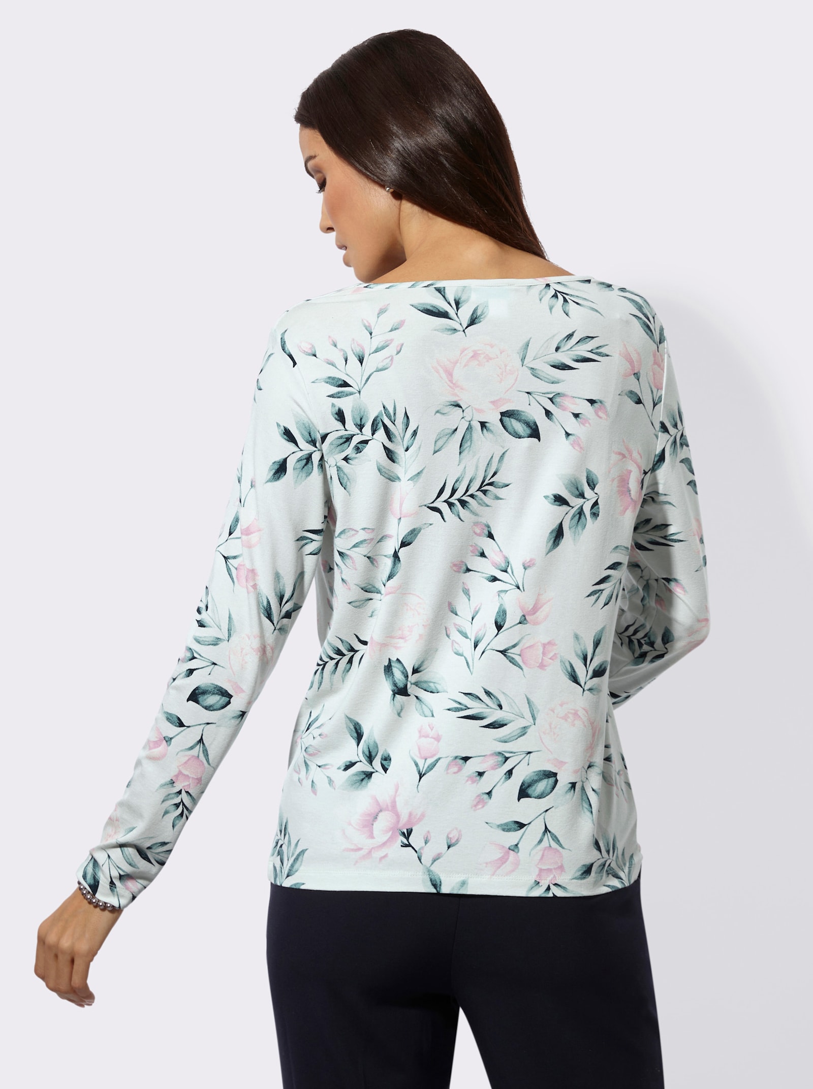 Langarmshirt mit Wasserfall-Ausschnitt - kalkmint-aquapetrol-bedruckt