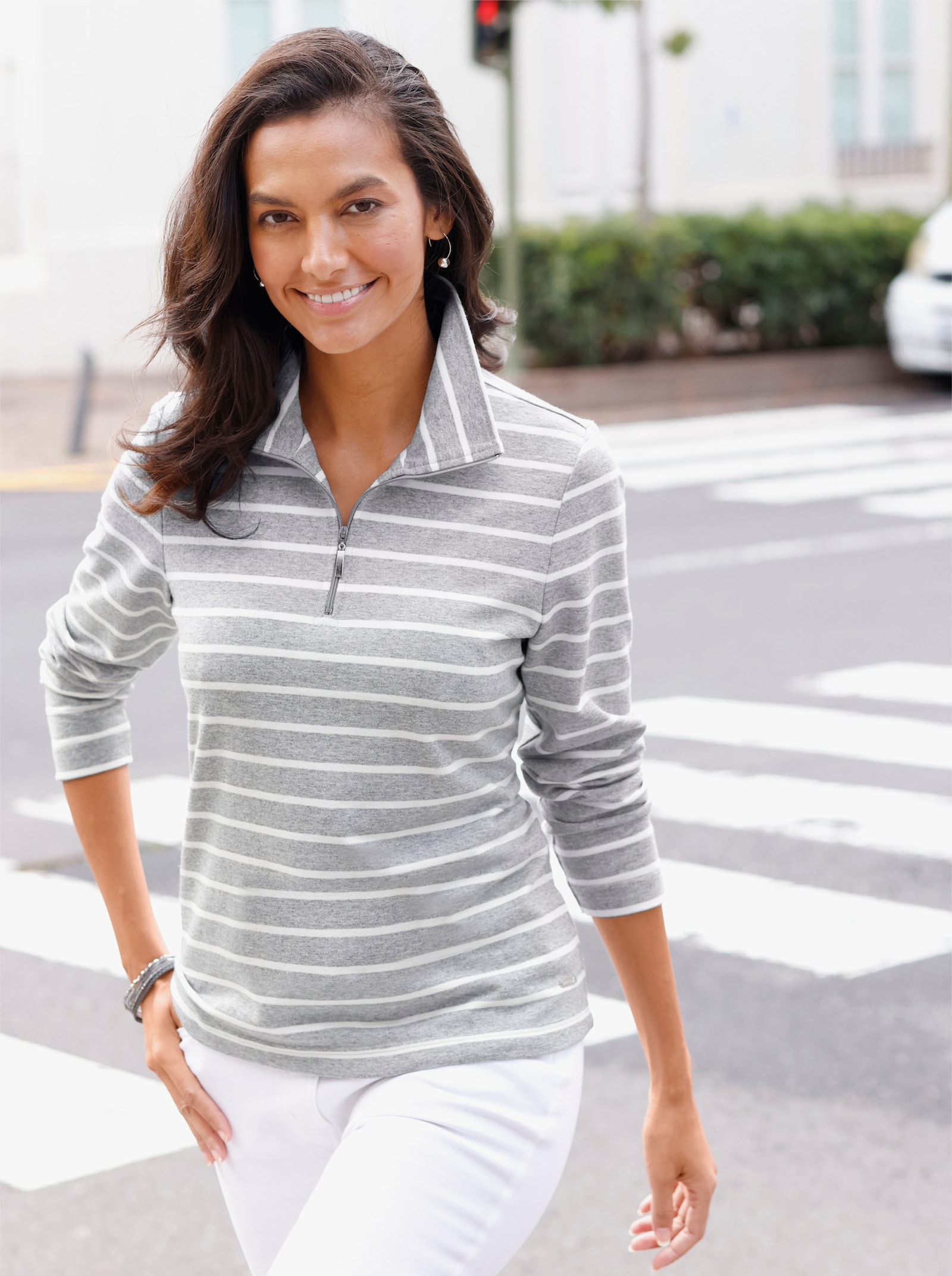 Sweatshirt im Ringel-Dessin - steingrau-ecru-geringelt