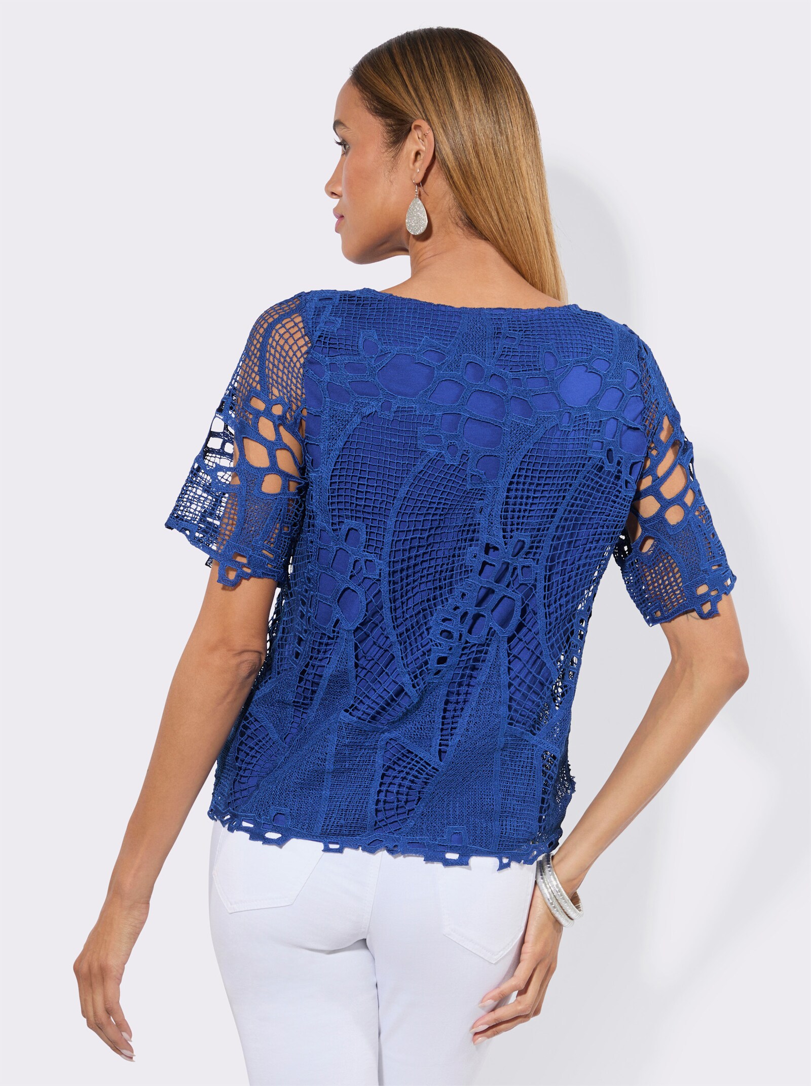 Spitzenshirt mit U-Boot-Ausschnitt - royalblau