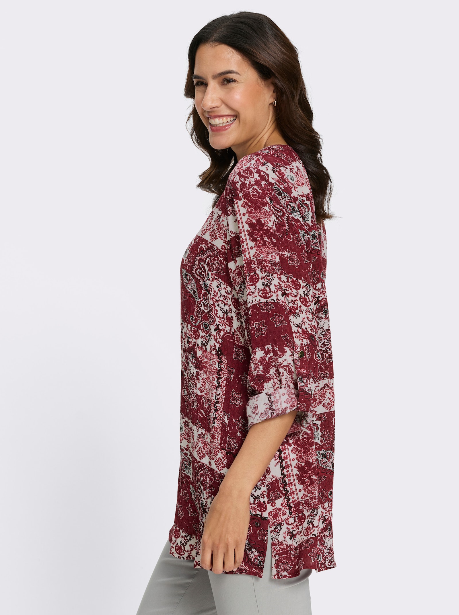 Longbluse - champagner-dunkelrot-bedruckt