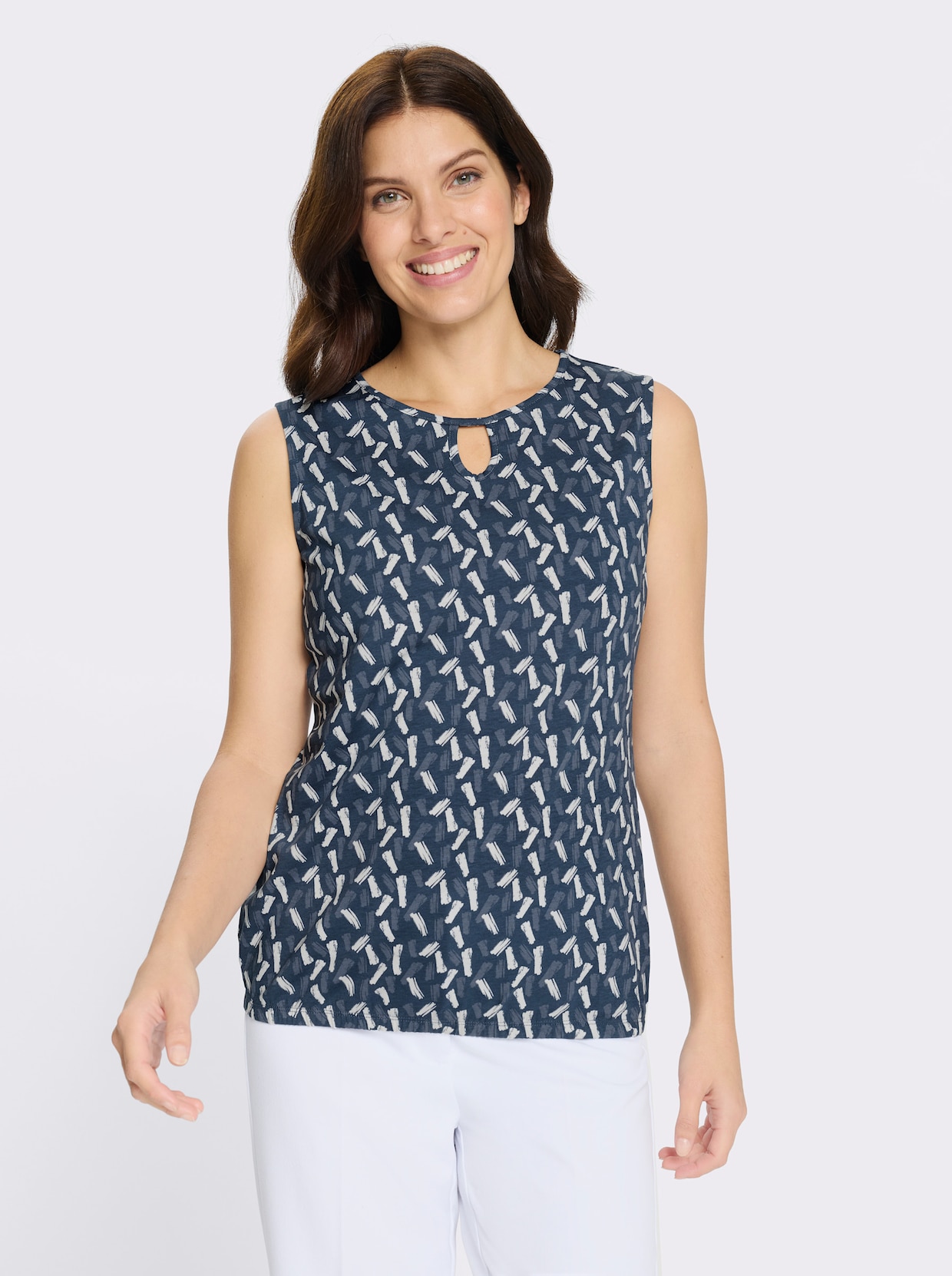 Shirttop mit elastischem Saum - dunkelblau-ecru-bedruckt