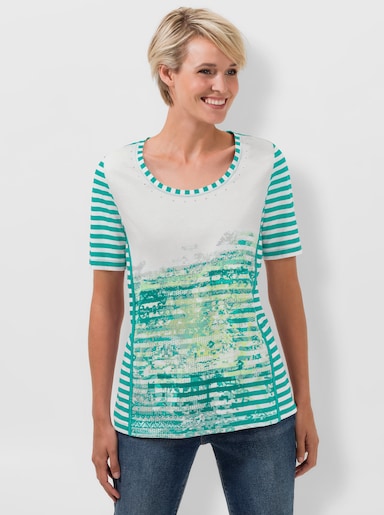 Rundhalsshirt mit Ziersteinchen - smaragd-gestreift