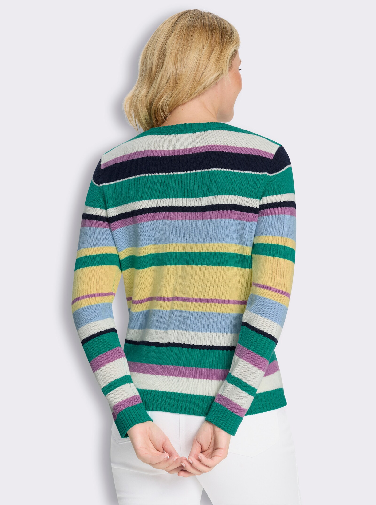 Pullover mit Zopf- und Streifenmuster - smaragd-ecru-geringelt