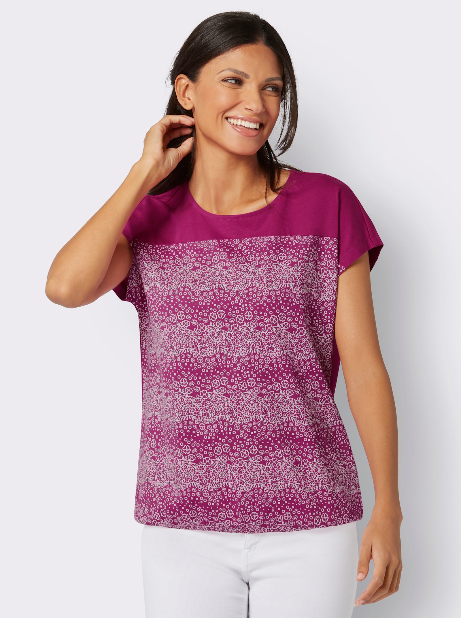 Rundhalsshirt mit Wellenmuster - magenta-ecru-bedruckt