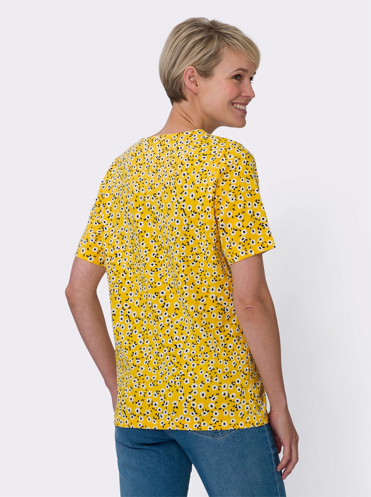 V-Shirt - gelb-weiß-bedruckt