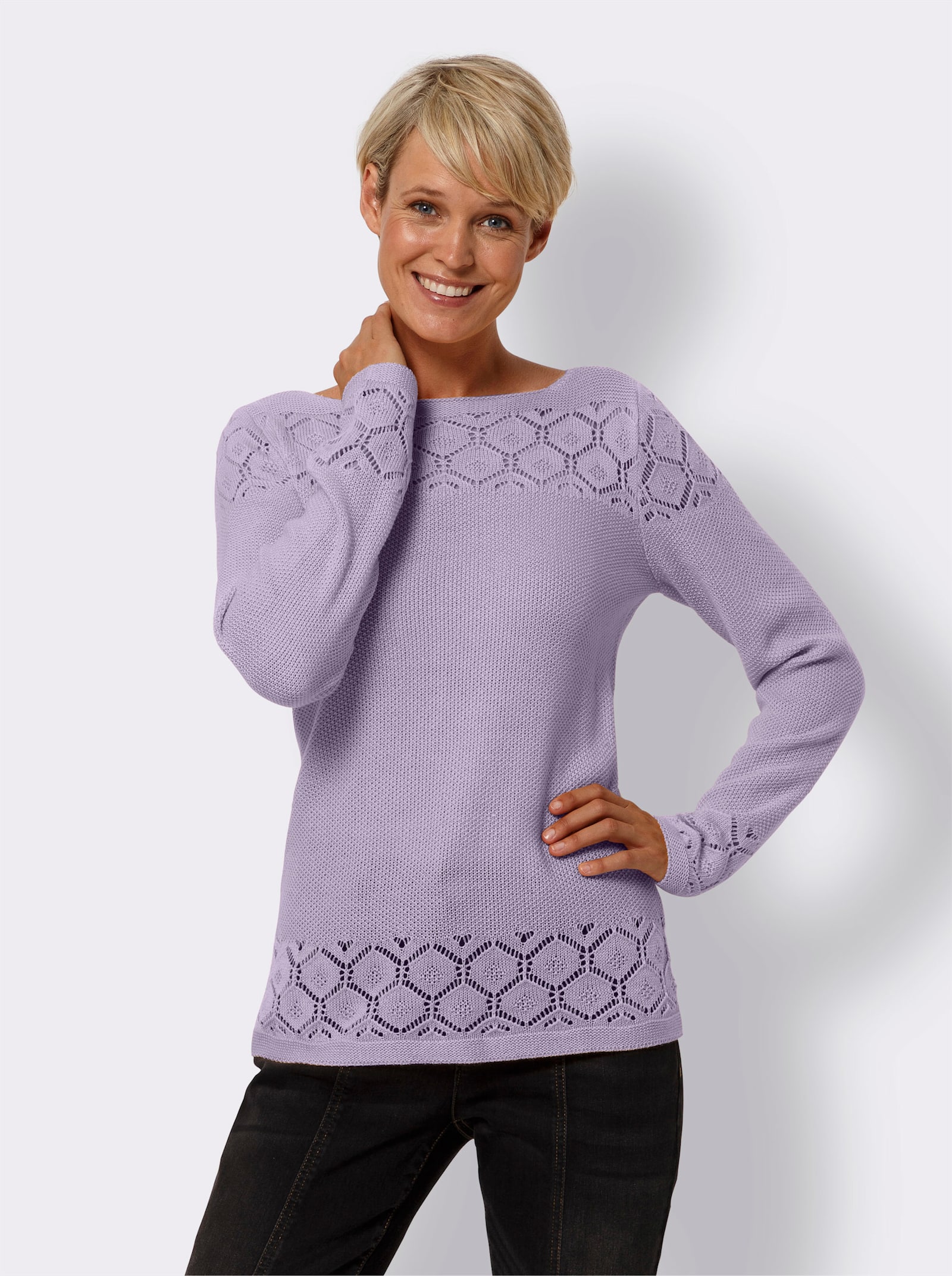 Langarm-Pullover mit Ajour-Muster - flieder