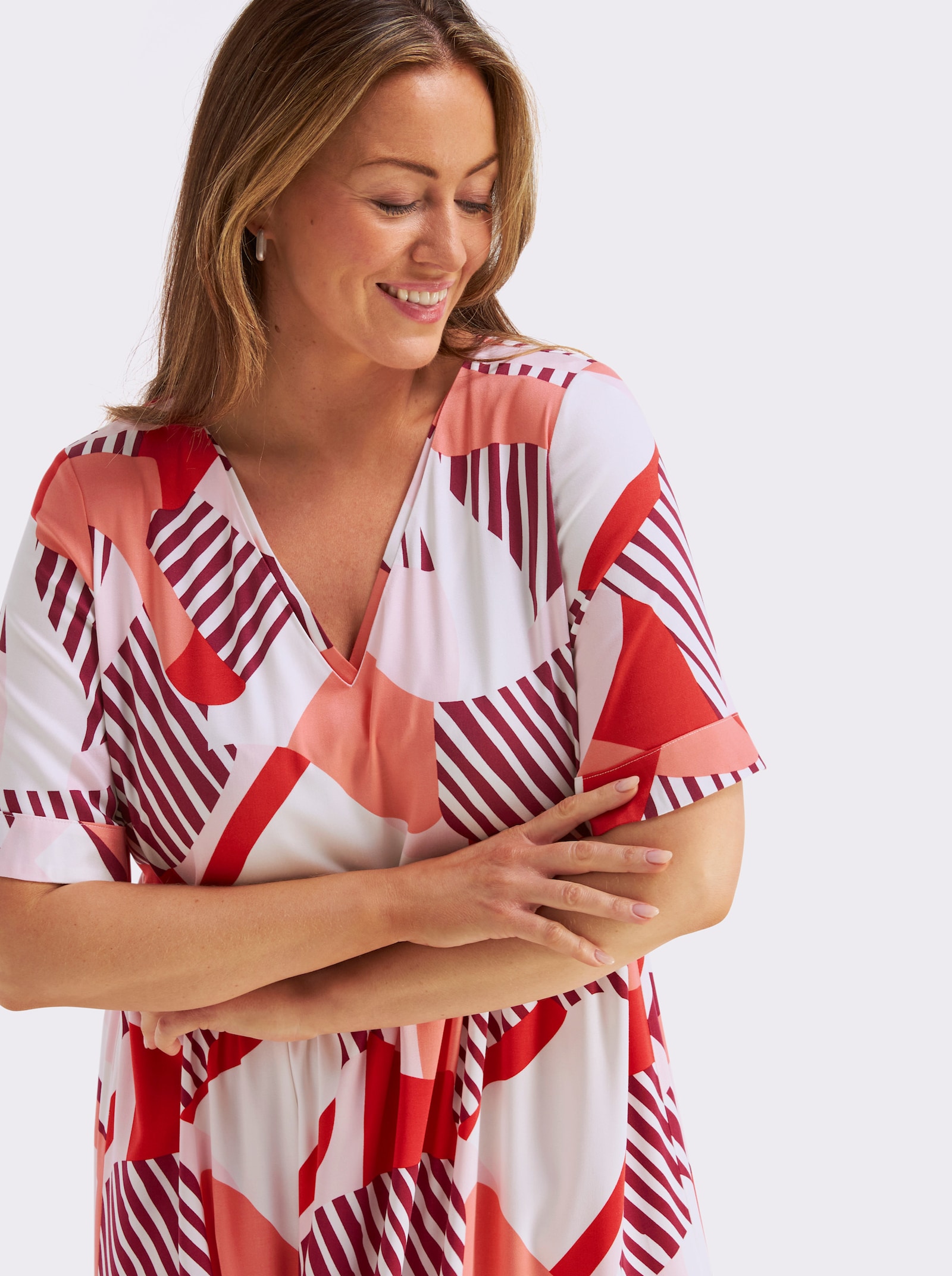 sheego A-Linien-Kleid mit Grafikprint - erdbeere-koralle-bedruckt